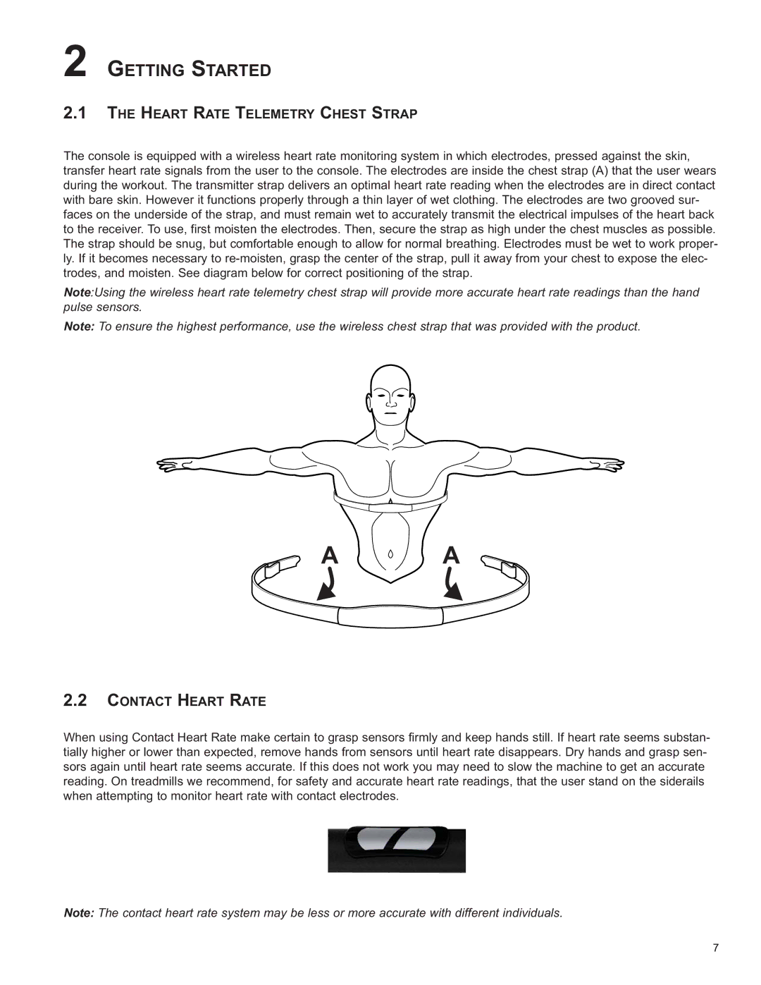 Life Fitness 8975101 REV B-2 owner manual Getting Started, Heart Rate Telemetry Chest Strap, Contact Heart Rate 