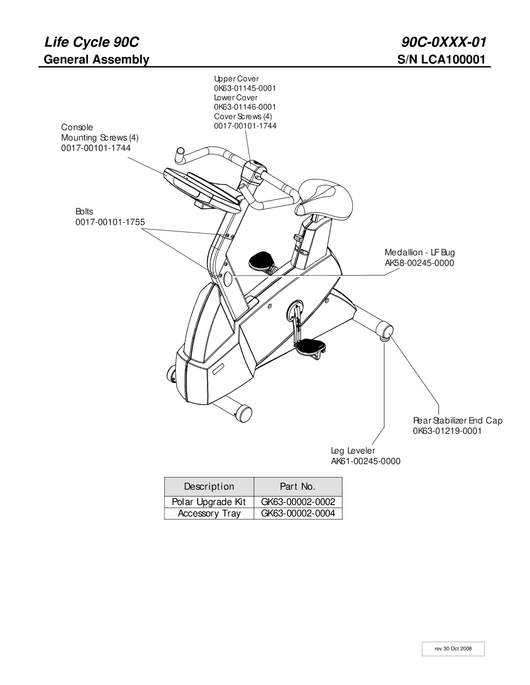 Life Fitness manual Life Cycle 90C 90C-0XXX-01, General Assembly 