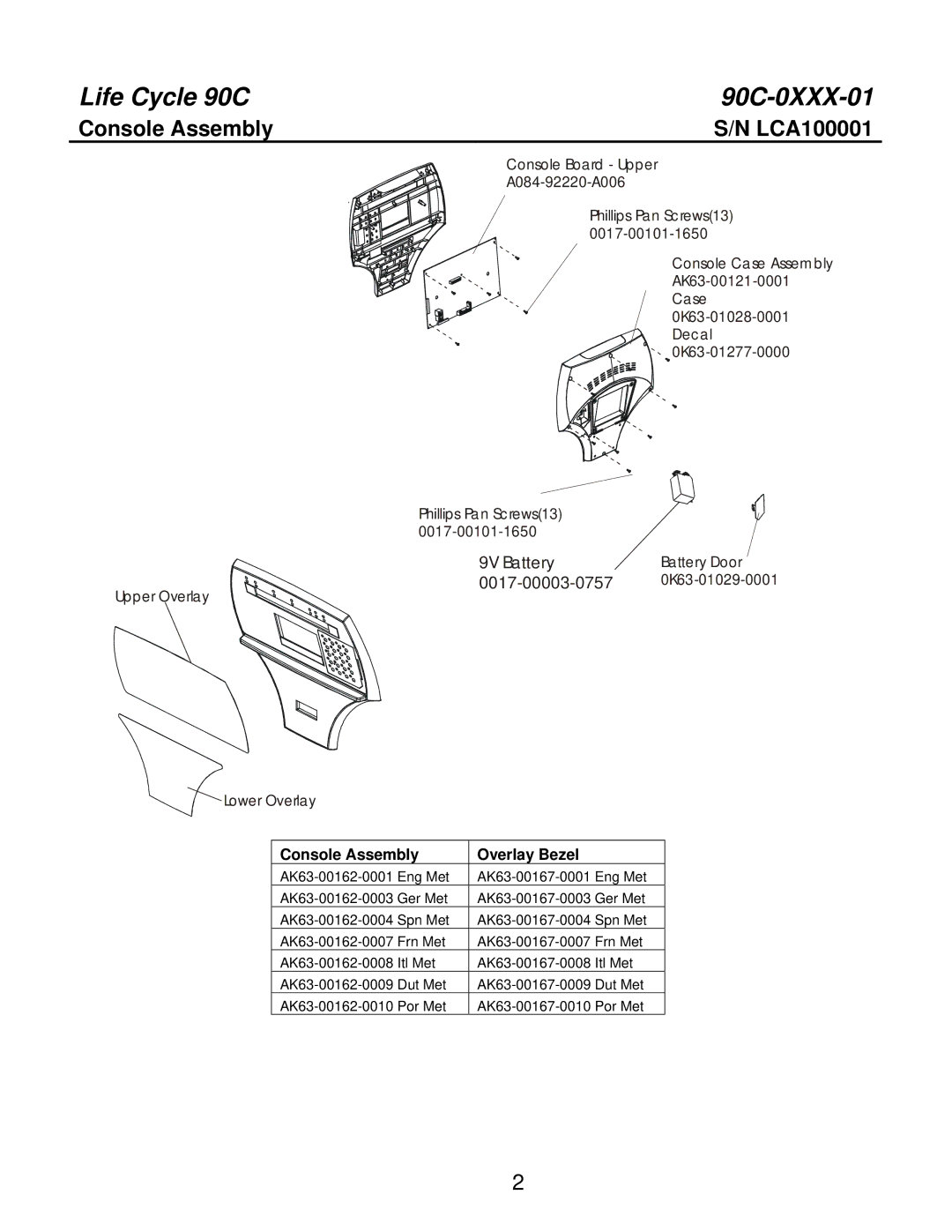 Life Fitness 90C-0XXX-01 manual Console Assembly, 0017-00003-0757 