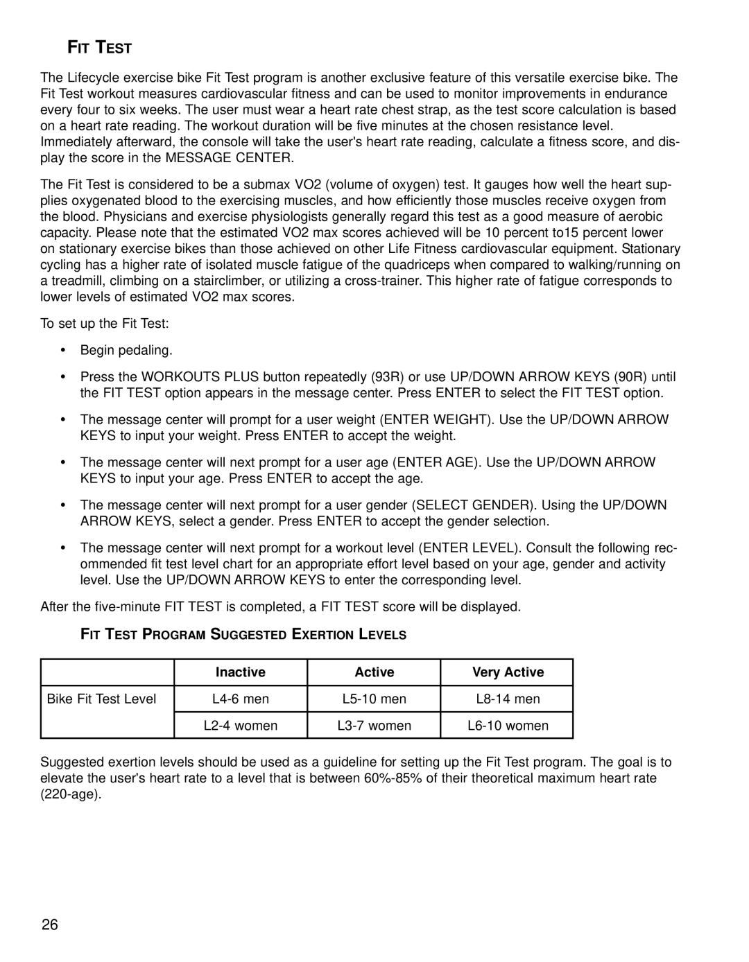 Life Fitness 93R, 90R operation manual FIT Test 