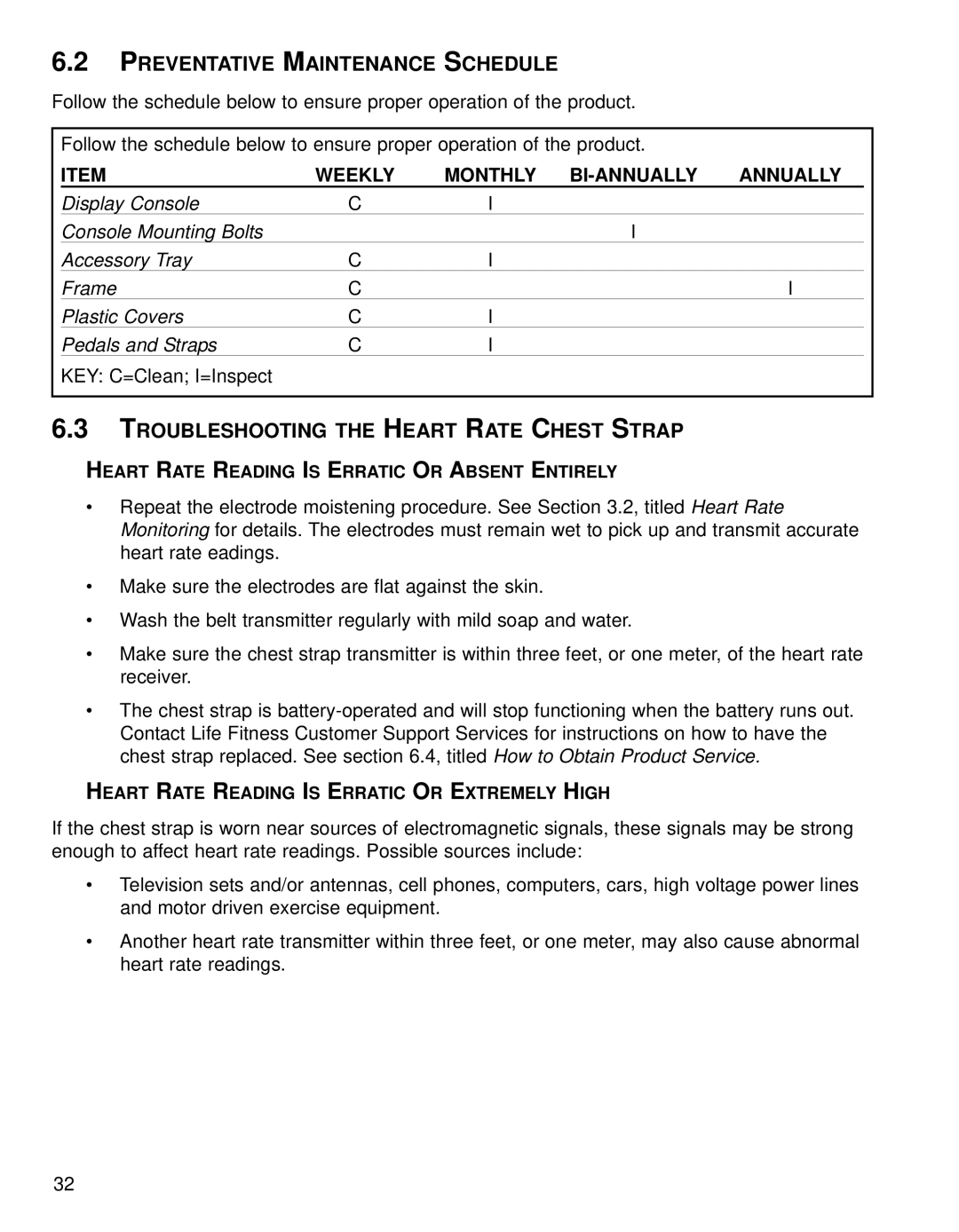 Life Fitness 93R, 90R operation manual Preventative Maintenance Schedule, Troubleshooting the Heart Rate Chest Strap 