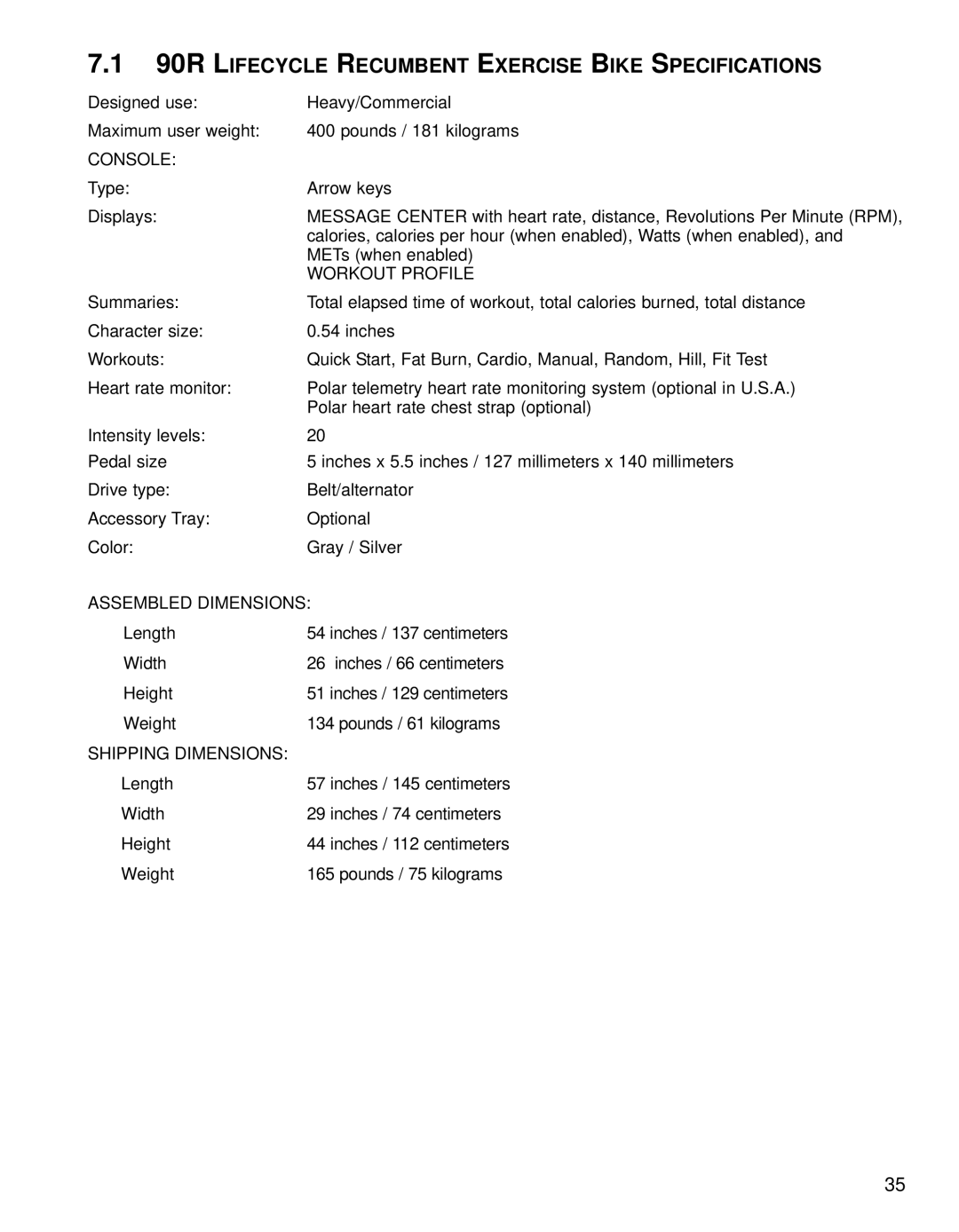 Life Fitness 93R operation manual 90R Lifecycle Recumbent Exercise Bike Specifications 