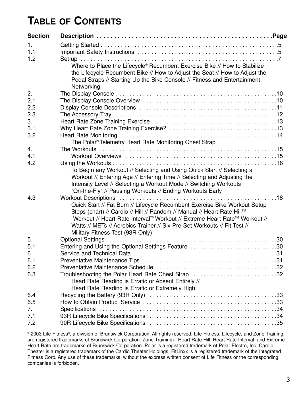 Life Fitness 90R, 93R operation manual Table of Contents 