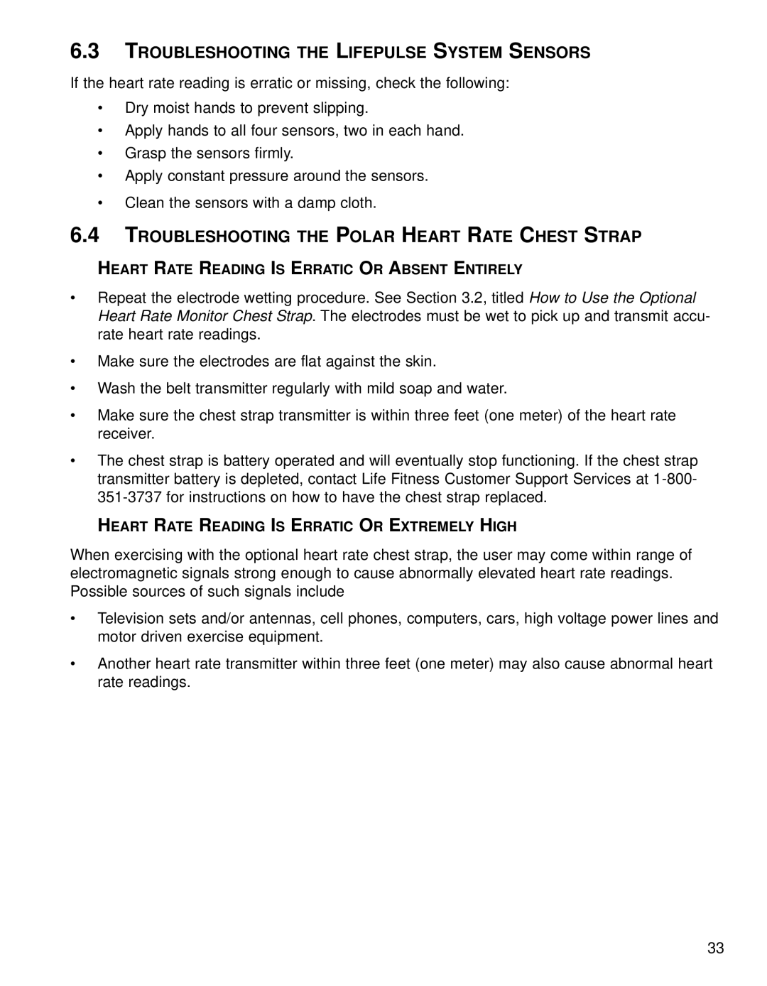 Life Fitness 90T, 91Ti Troubleshooting the Lifepulse System Sensors, Troubleshooting the Polar Heart Rate Chest Strap 