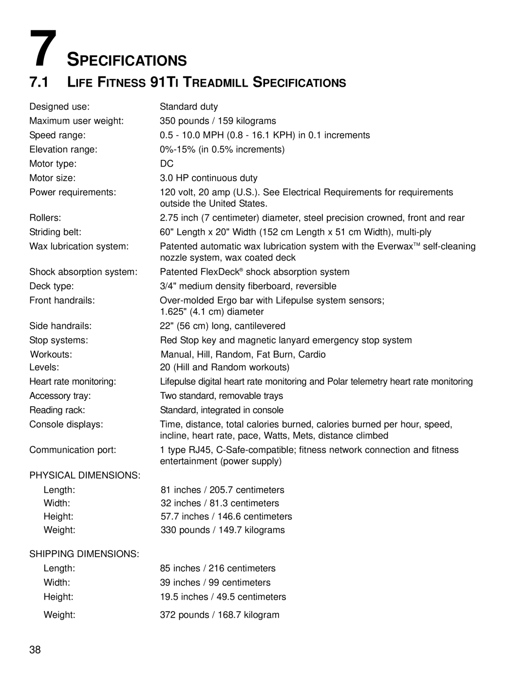 Life Fitness 91Ti, 90T operation manual Life Fitness 91TI Treadmill Specifications 