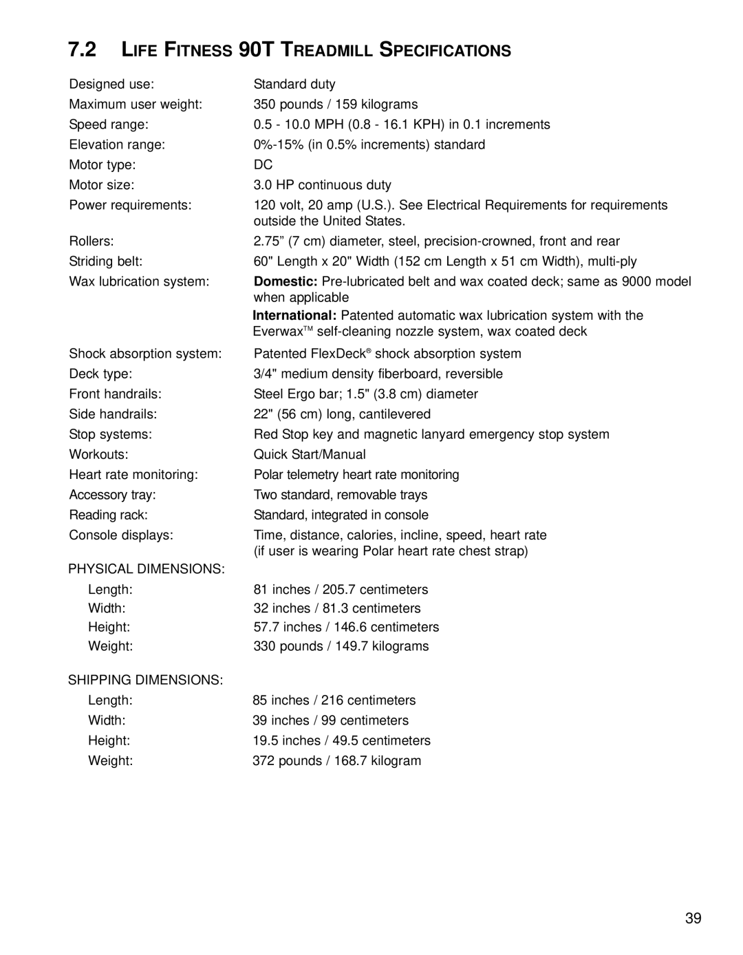 Life Fitness 91Ti operation manual Life Fitness 90T Treadmill Specifications 