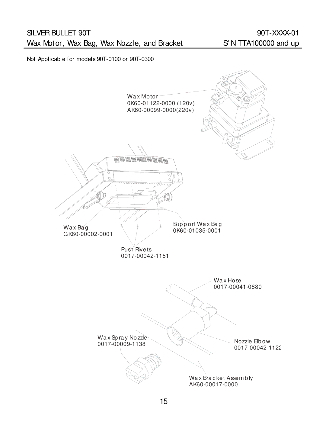 Life Fitness 90T-XXXX-01 manual Wax Motor, Wax Bag, Wax Nozzle, and Bracket, Not Applicable for models 90T-0100 or 90T-0300 