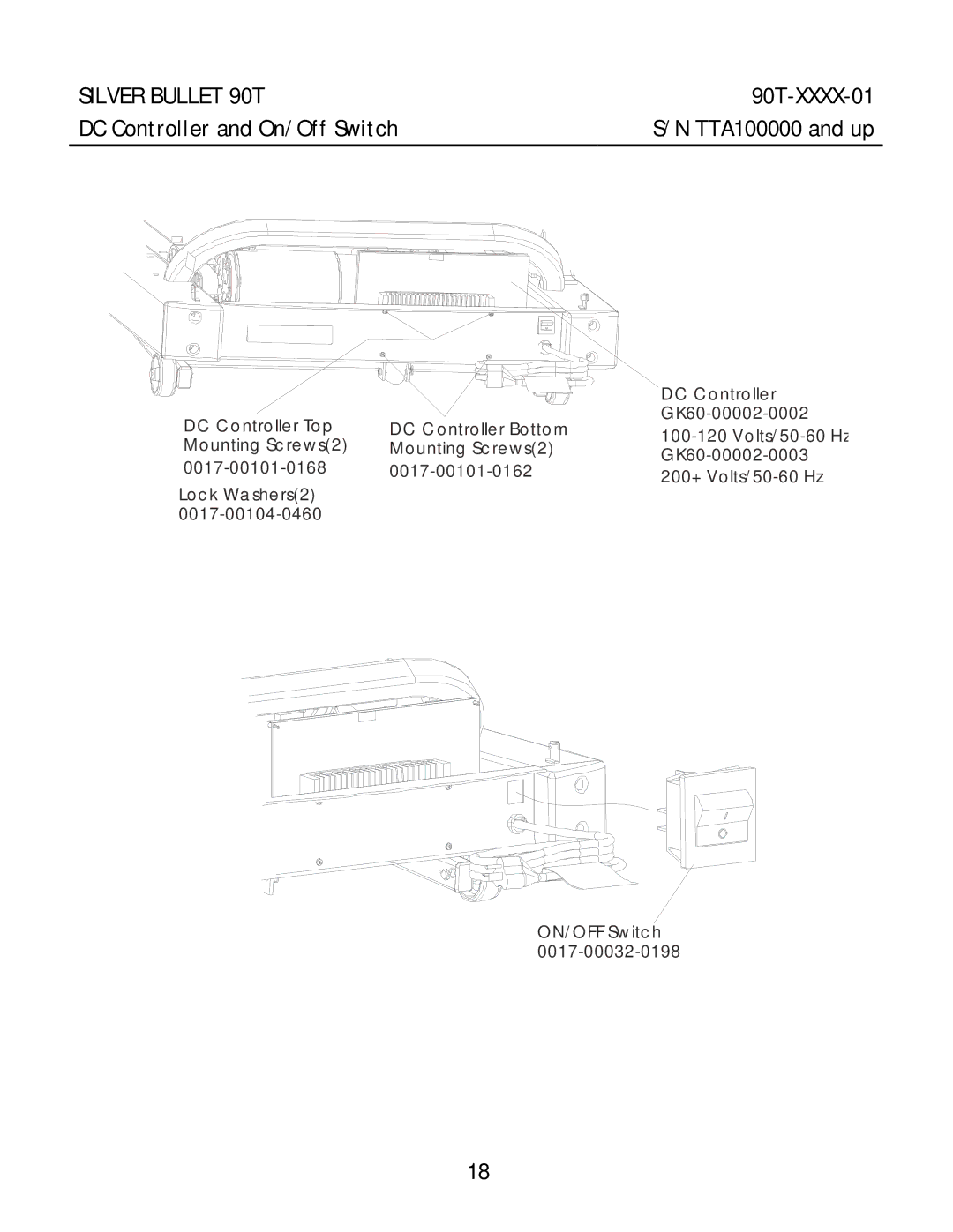 Life Fitness 90T-XXXX-01 manual DC Controller and On/Off Switch TTA100000 and up 