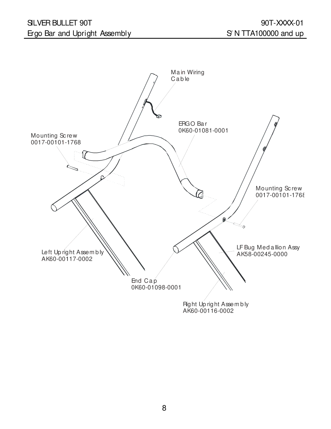 Life Fitness 90T-XXXX-01 manual Ergo Bar and Upright Assembly TTA100000 and up 