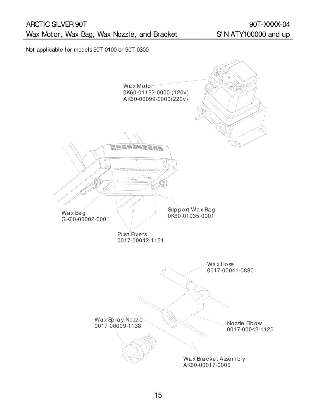 Life Fitness 90T-XXXX-04 manual Wax Motor, Wax Bag, Wax Nozzle, and Bracket ATY100000 and up 