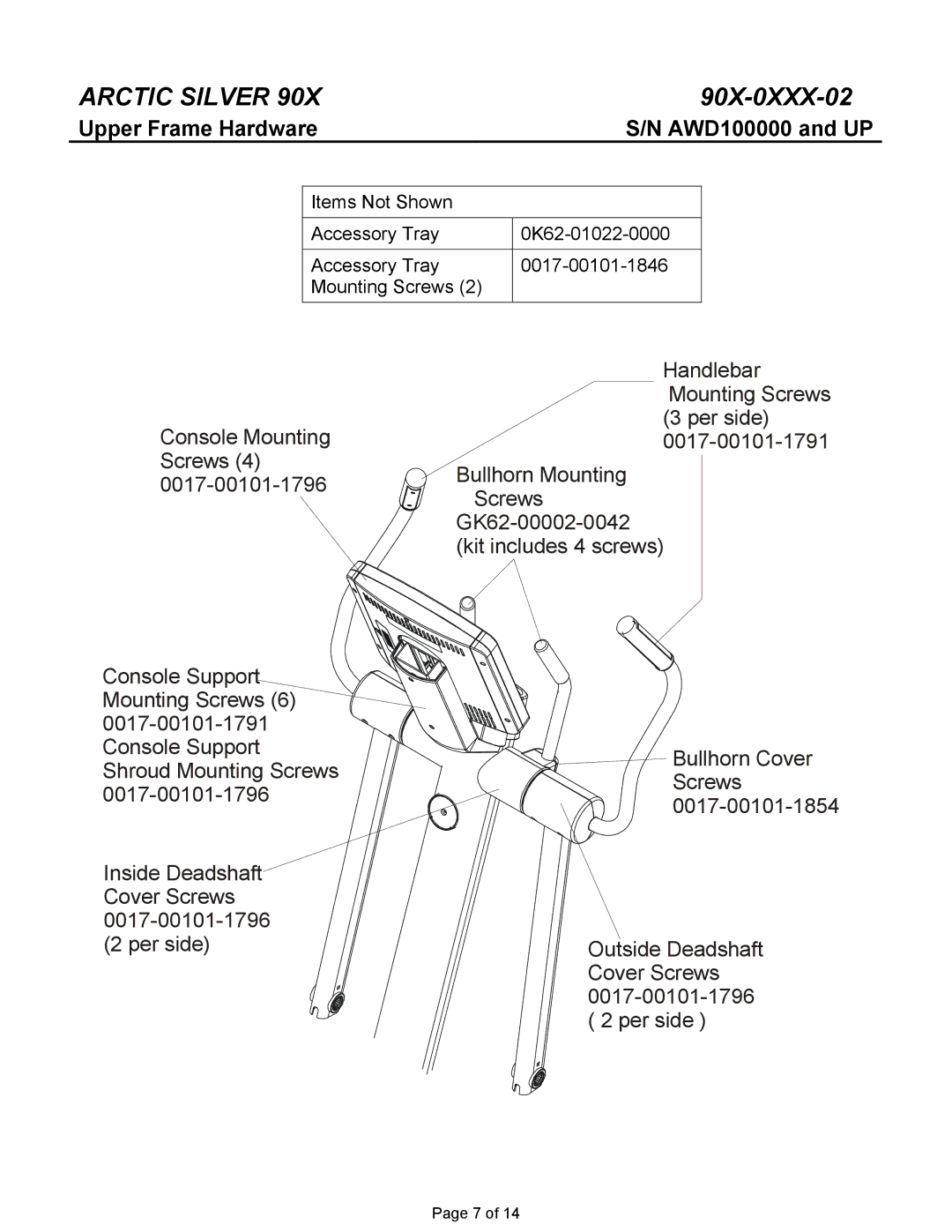 Life Fitness 90X-0XXX-02 manual Upper Frame Hardware AWD100000 and UP 