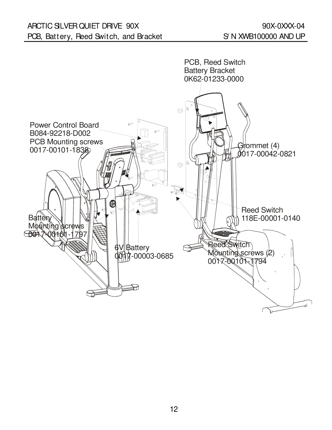 Life Fitness 90X-0XXX-04 manual PCB, Battery, Reed Switch, and Bracket 