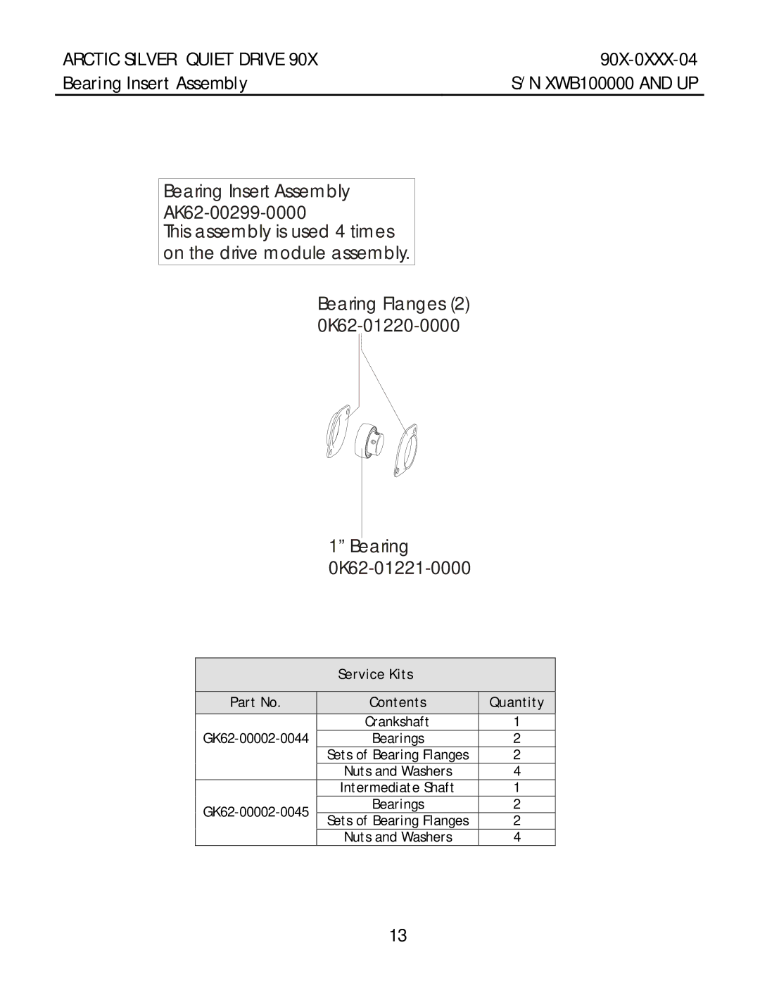 Life Fitness 90X-0XXX-04 manual Bearing Insert Assembly, Service Kits Contents Quantity 