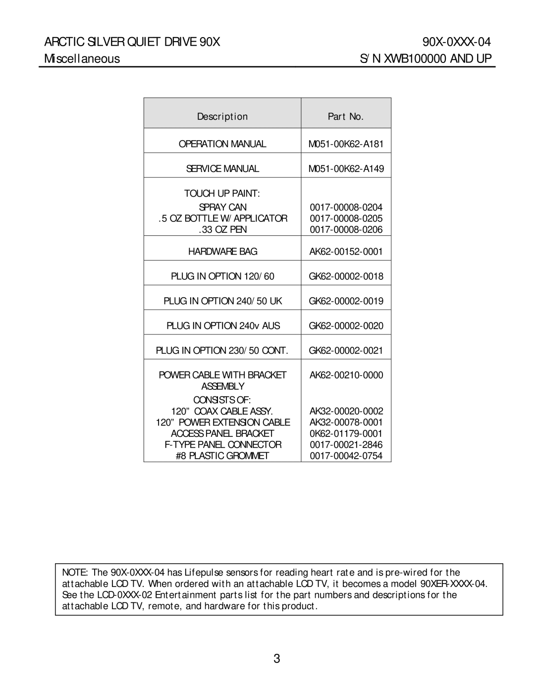 Life Fitness 90X-0XXX-04 manual Miscellaneous XWB100000 and UP, Description 