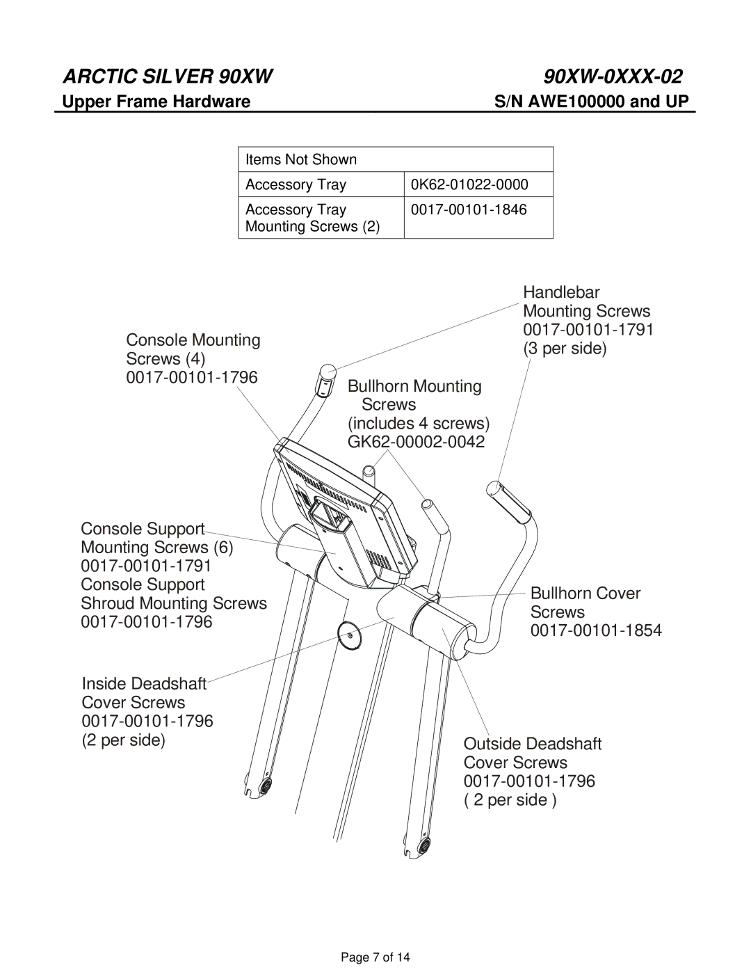 Life Fitness 90XW-0XXX-02 manual Upper Frame Hardware AWE100000 and UP 