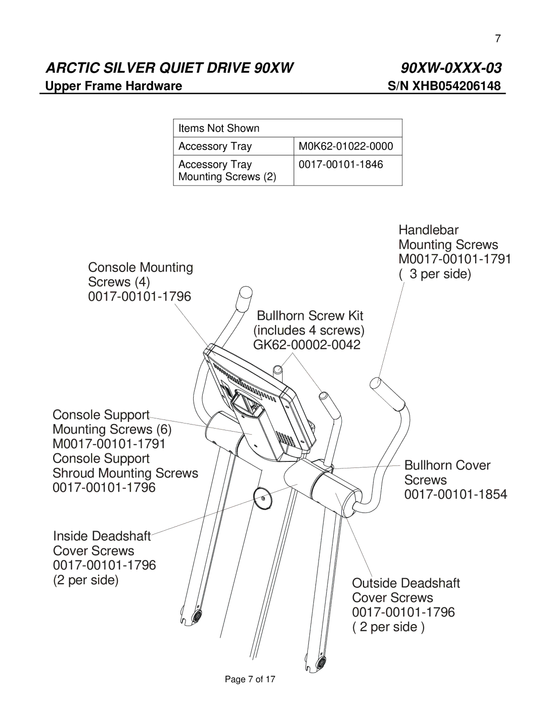 Life Fitness 90XW-0XXX-03 manual Upper Frame Hardware XHB054206148 