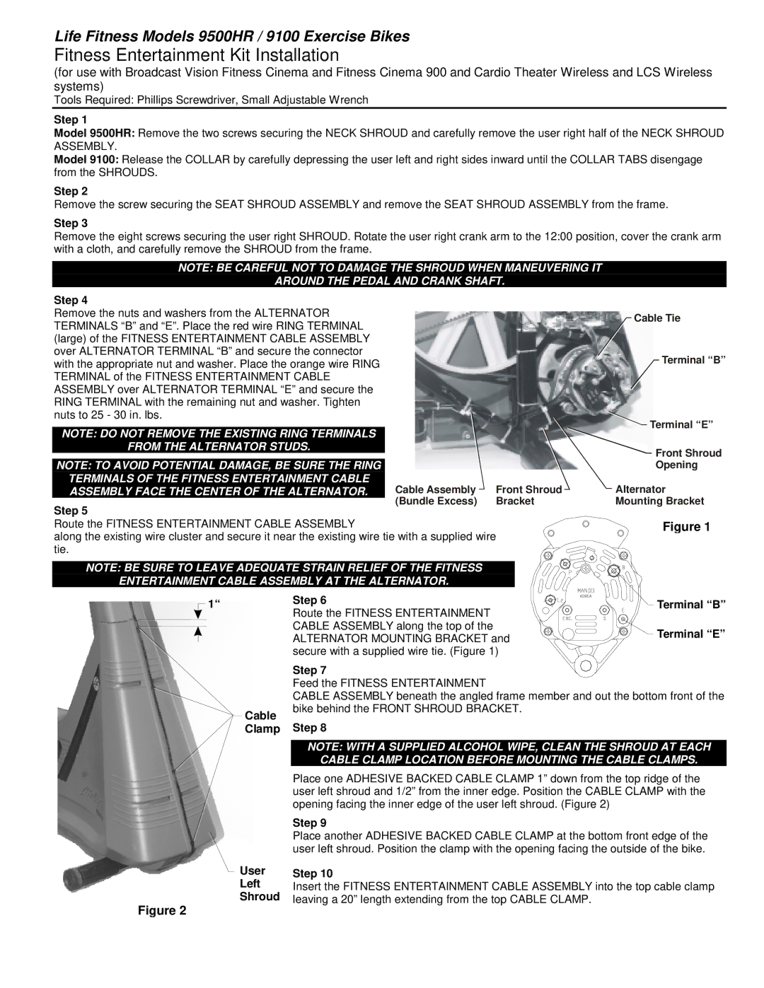 Life Fitness manual Entertainment Cable Assembly AT the Alternator, Life Fitness Models 9500HR / 9100 Exercise Bikes 