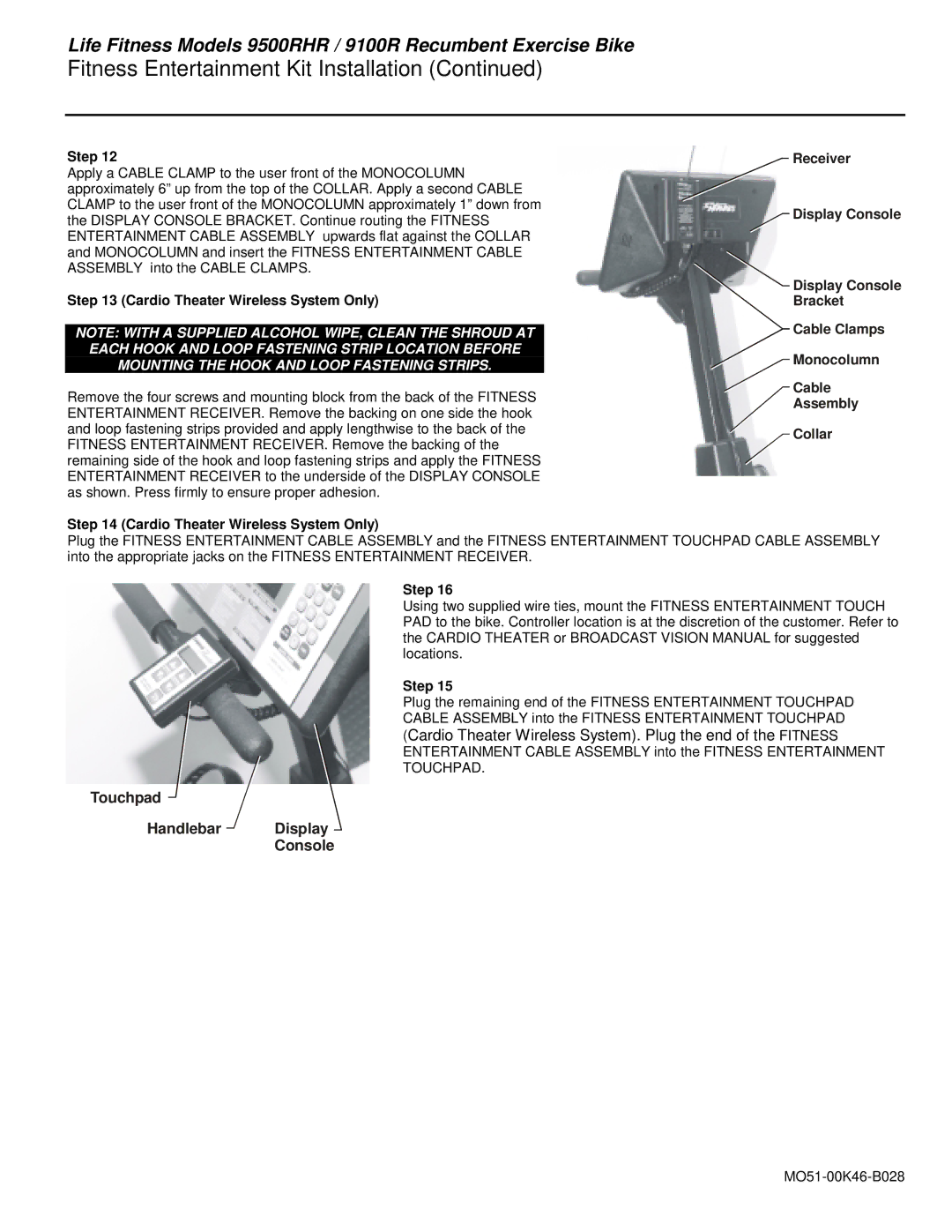 Life Fitness 9100 manual Touchpad Handlebar Display Console 