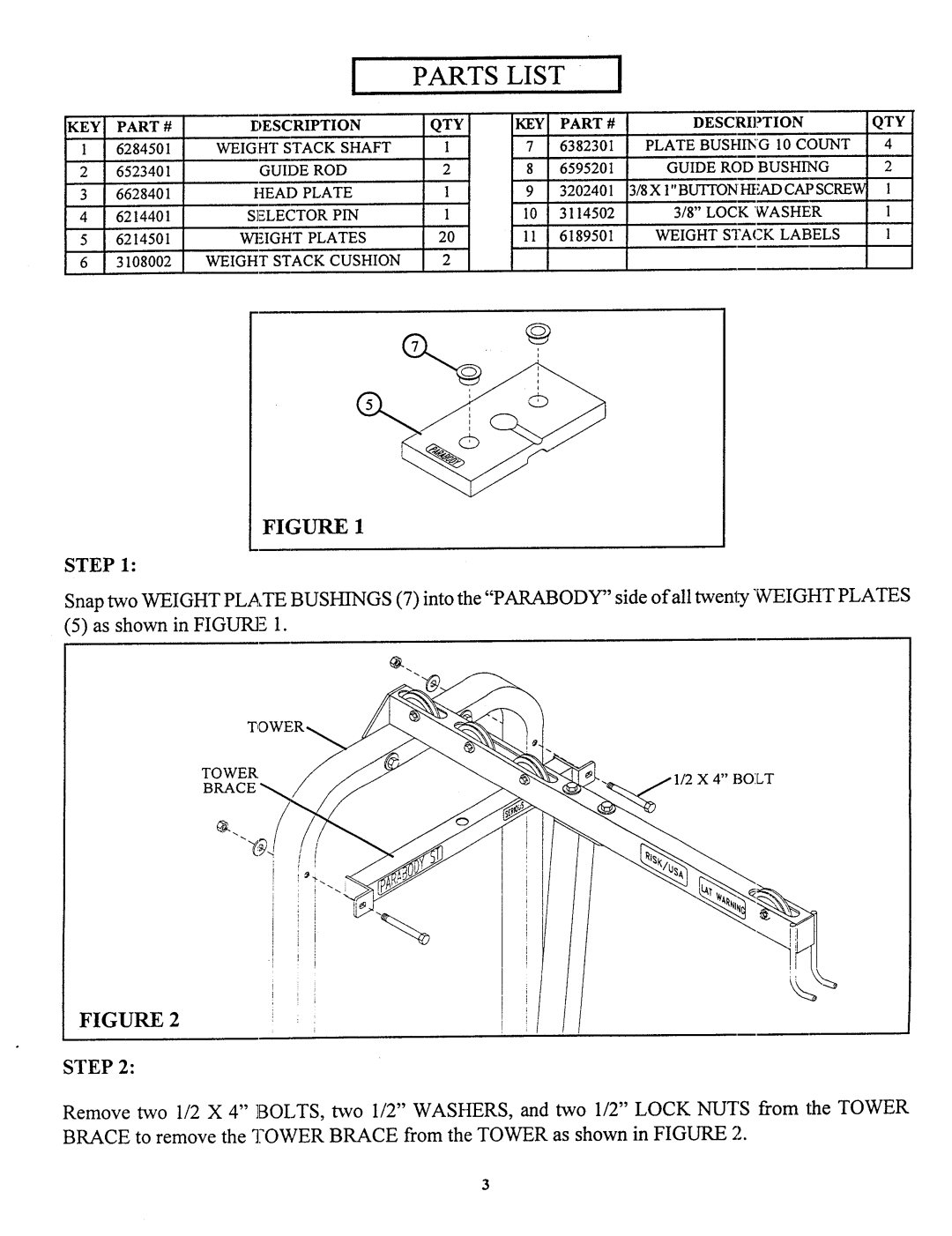 Life Fitness 913101 manual Parts List 