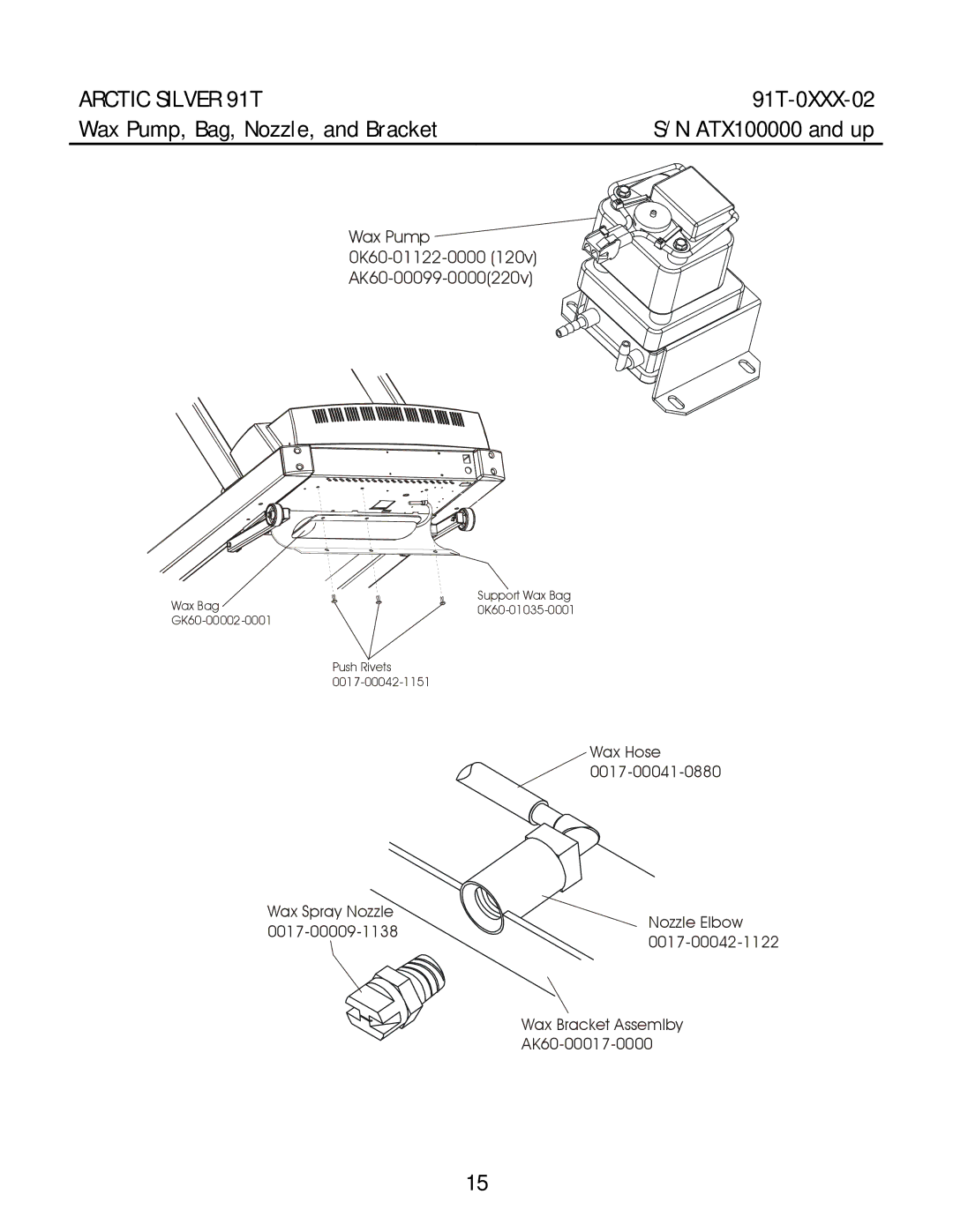 Life Fitness 91T manual Wax Pump, Bag, Nozzle, and Bracket, Wax Pump 0K60-01122-0000 120v AK60-00099-0000220v 