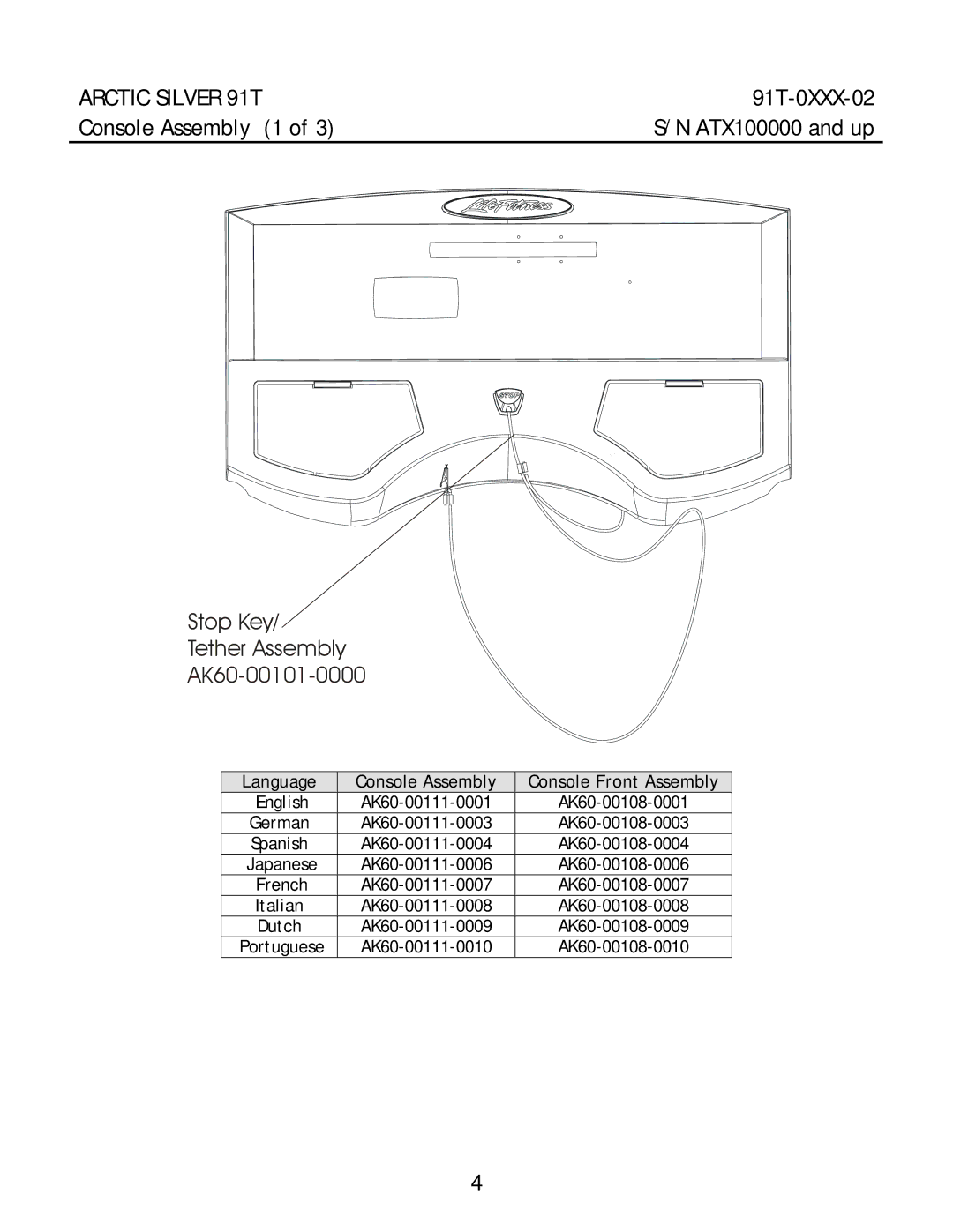 Life Fitness 91T manual Console Assembly 1, Stop Key Tether Assembly AK60-00101-0000 