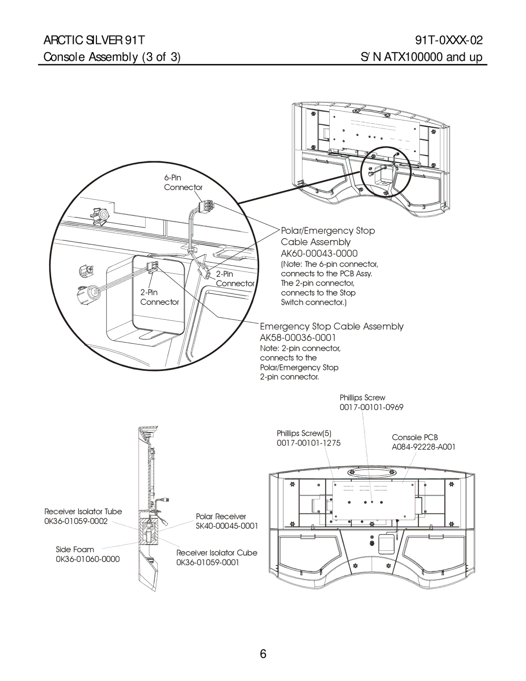 Life Fitness 91T manual Console Assembly 3, Polar/Emergency Stop Cable Assembly AK60-00043-0000 