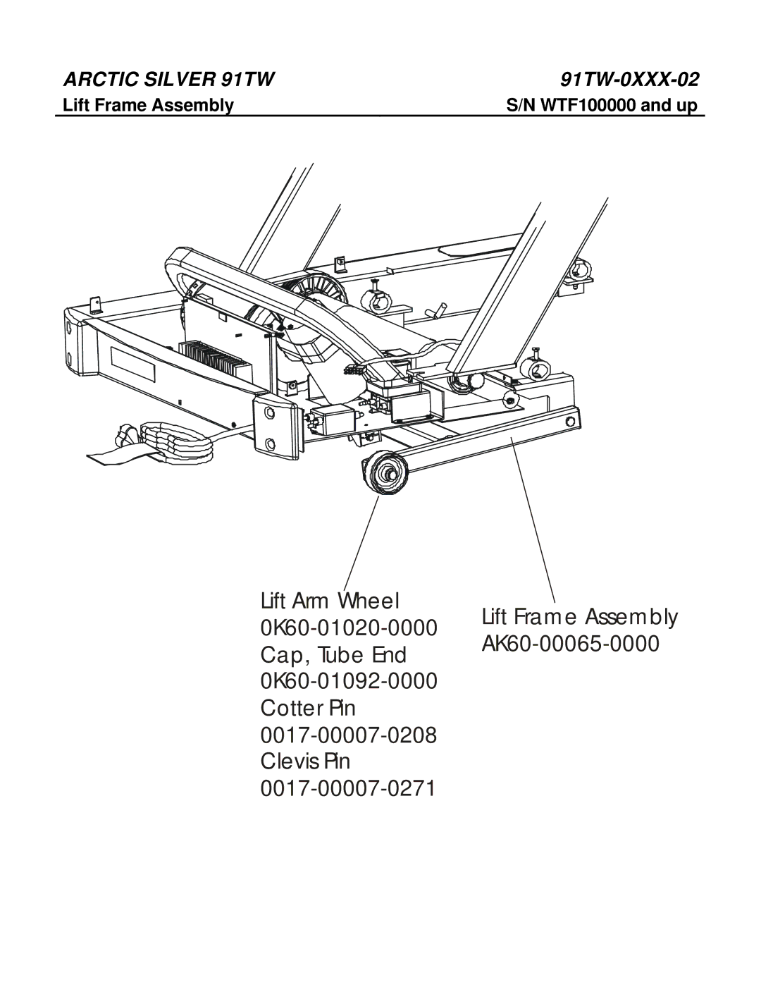 Life Fitness 91TW manual Lift Frame Assembly AK60-00065-0000, Lift Frame Assembly WTF100000 and up 