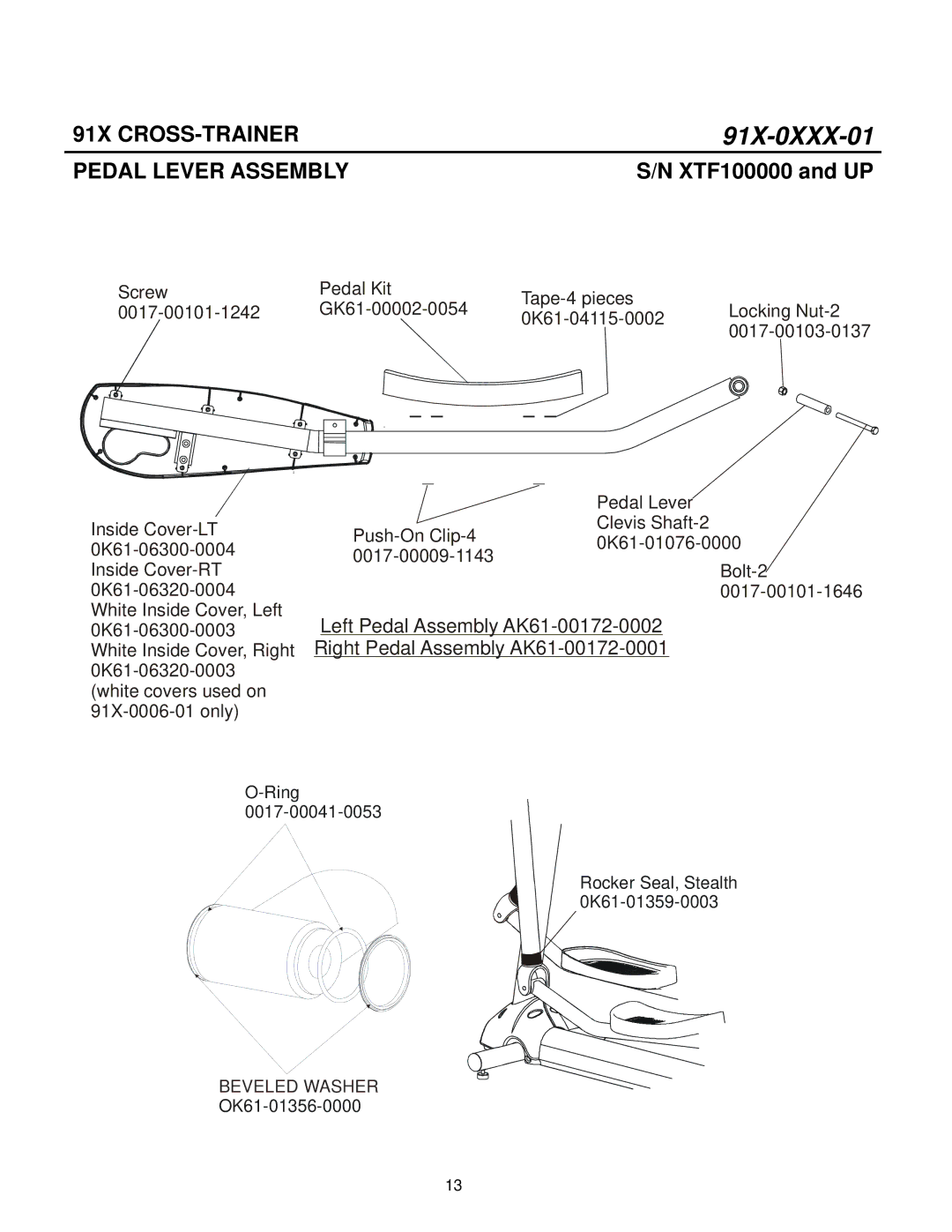 Life Fitness 91X-0XXX-01 manual Pedal Lever Assembly, Right Pedal Assembly AK61-00172-0001 