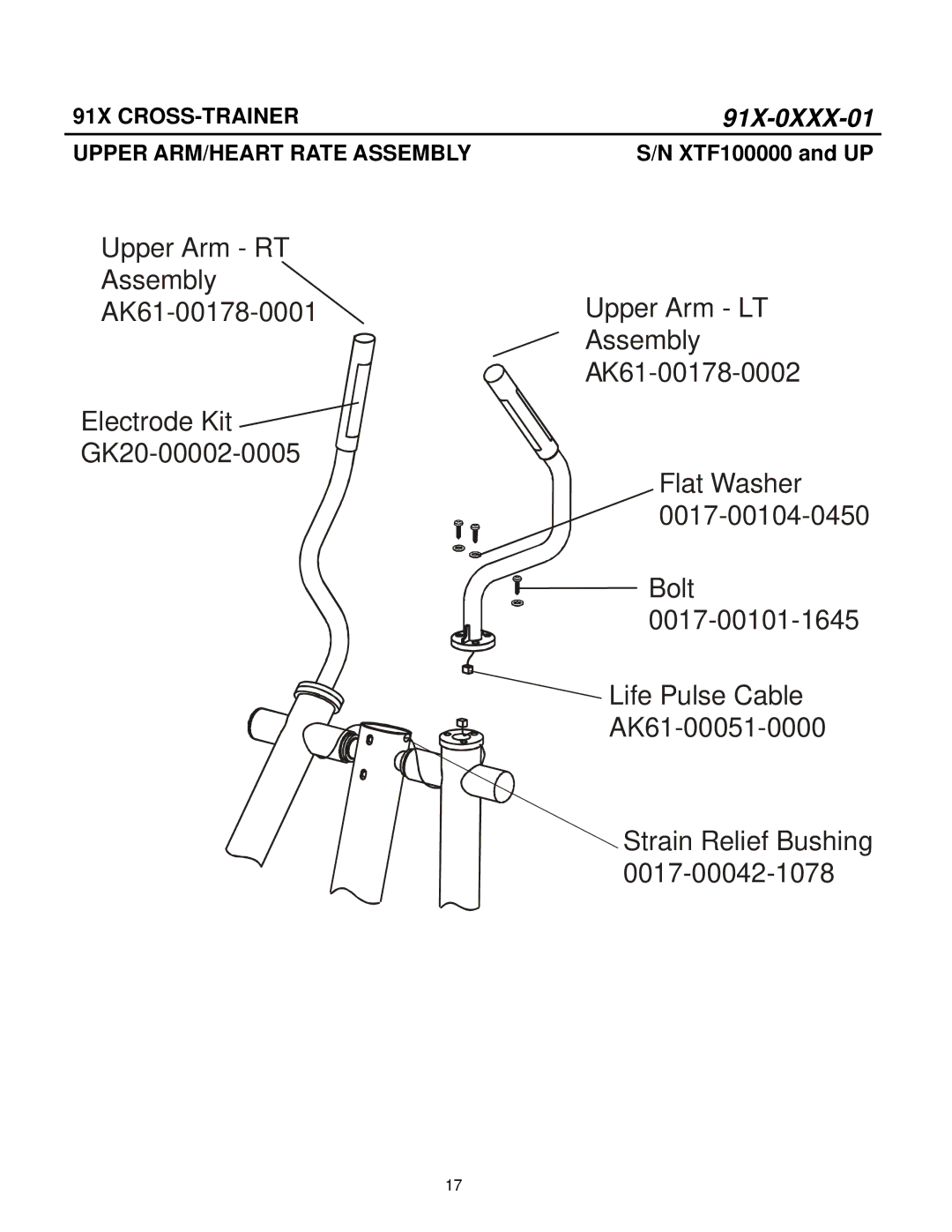 Life Fitness 91X-0XXX-01 manual Life Pulse Cable AK61-00051-0000 Strain Relief Bushing, Upper ARM/HEART Rate Assembly 