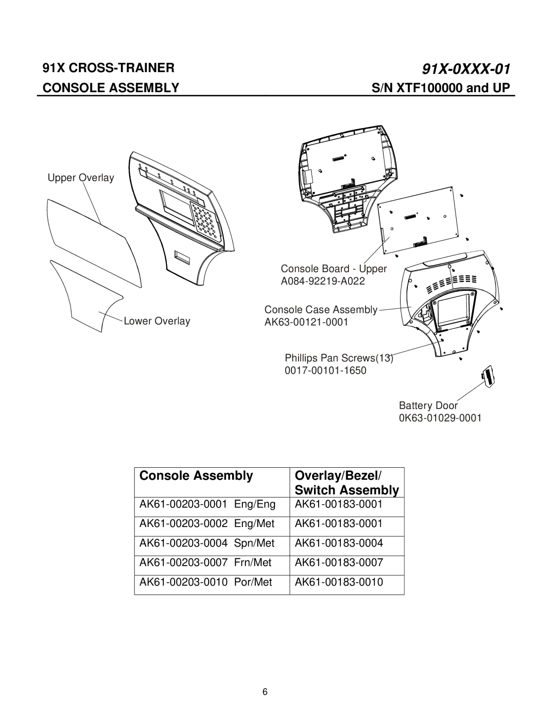 Life Fitness 91X-0XXX-01 manual Console Assembly Overlay/Bezel Switch Assembly 