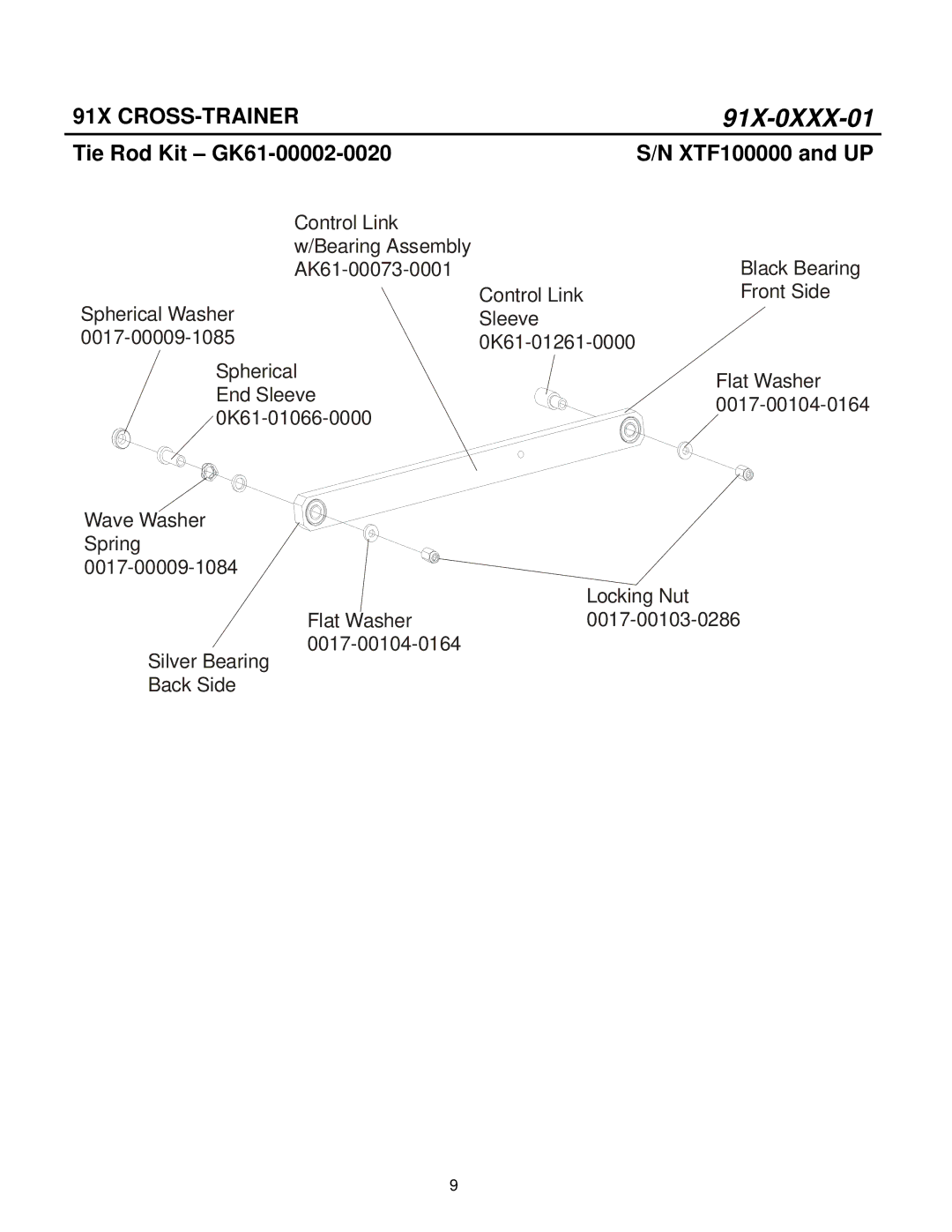 Life Fitness 91X-0XXX-01 manual Tie Rod Kit GK61-00002-0020 