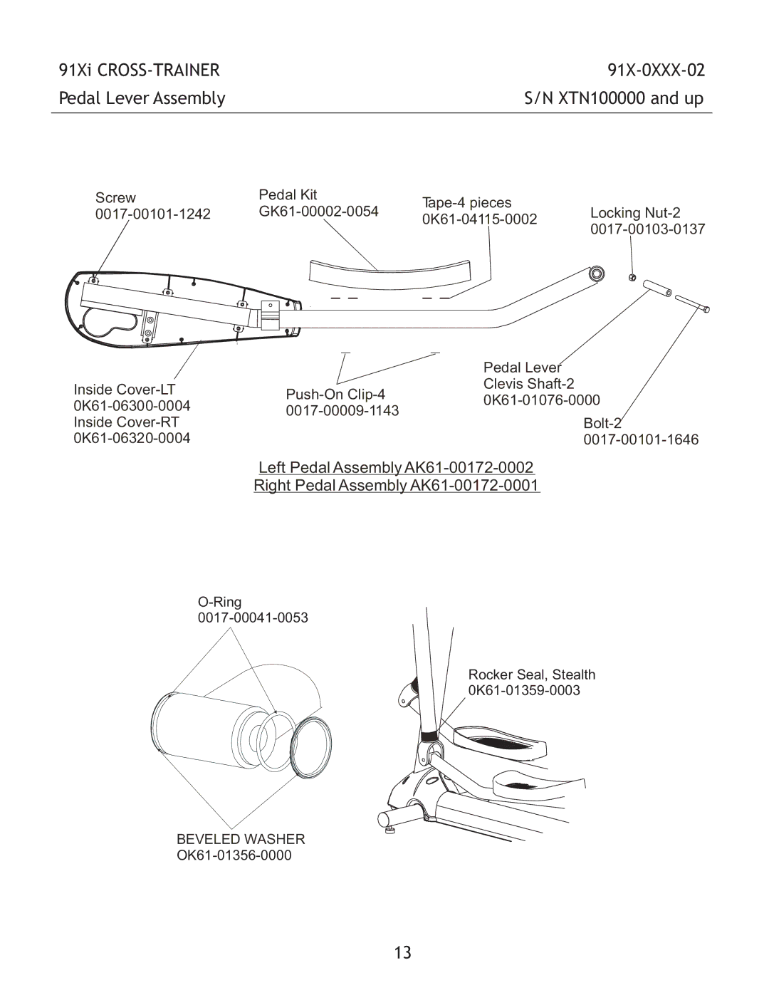 Life Fitness 91X-0XXX-02 manual 91Xi CROSS-TRAINER, Pedal Lever Assembly 