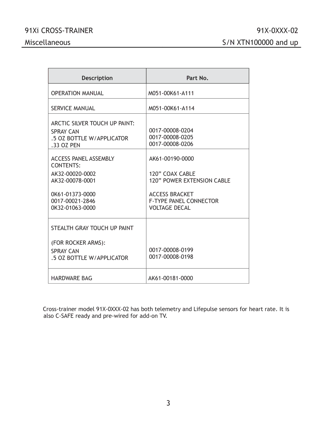 Life Fitness manual 91Xi CROSS-TRAINER 91X-0XXX-02 Miscellaneous, Description 