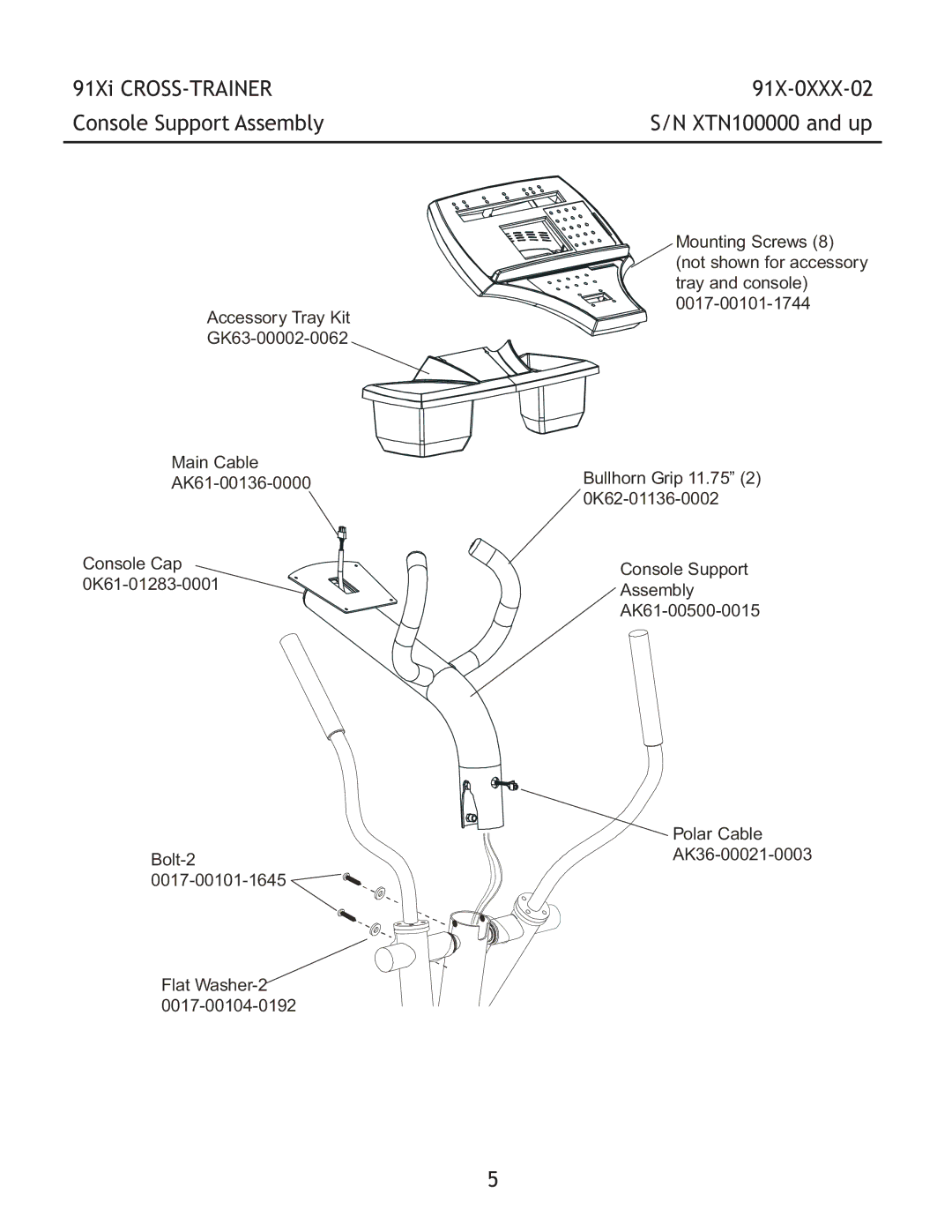 Life Fitness manual 91Xi CROSS-TRAINER Console Support Assembly, 91X-0XXX-02 XTN100000 and up 