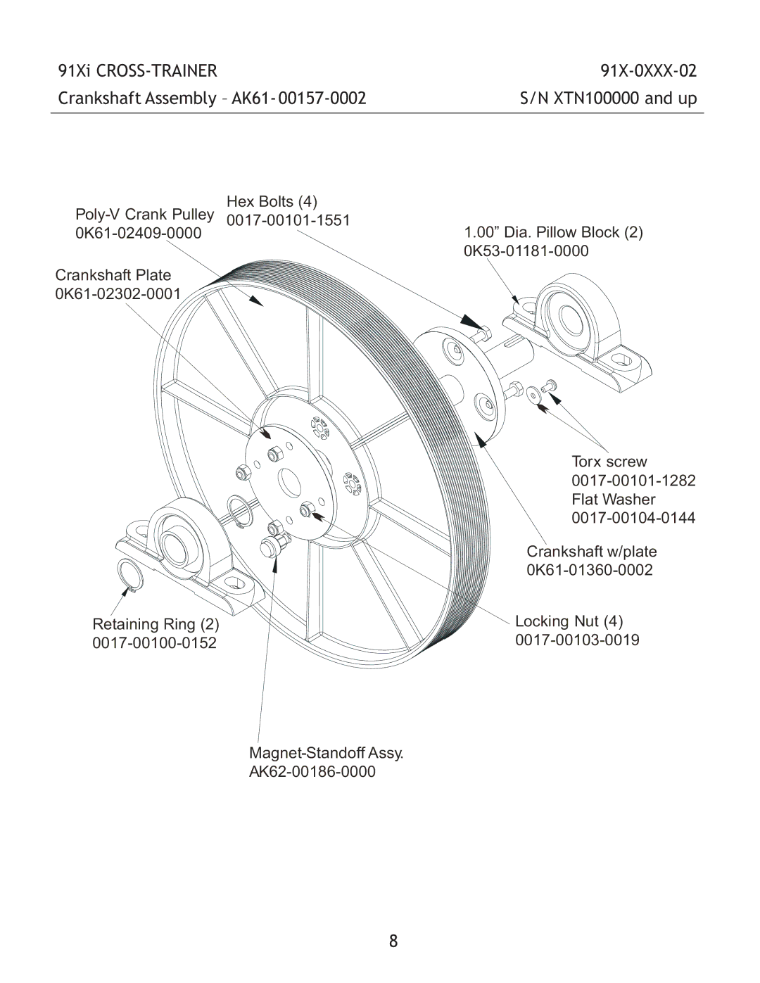 Life Fitness manual 91Xi CROSS-TRAINER 91X-0XXX-02 Crankshaft Assembly AK61 