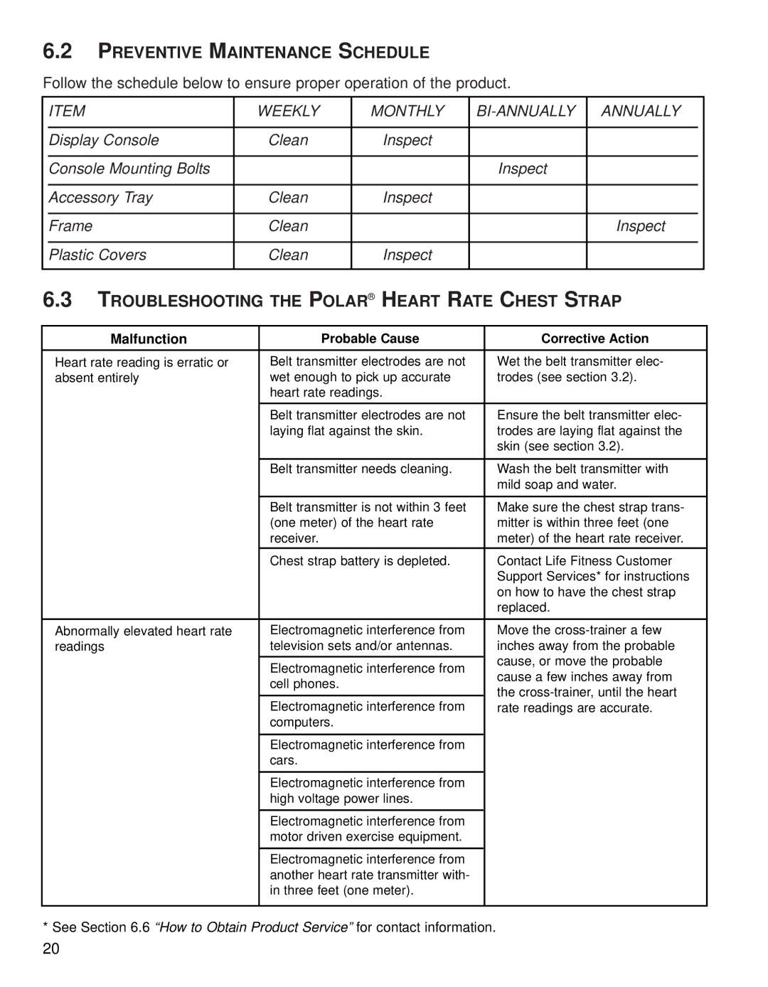 Life Fitness 91X operation manual Preventive Maintenance Schedule, Troubleshooting the Polar Heart Rate Chest Strap 