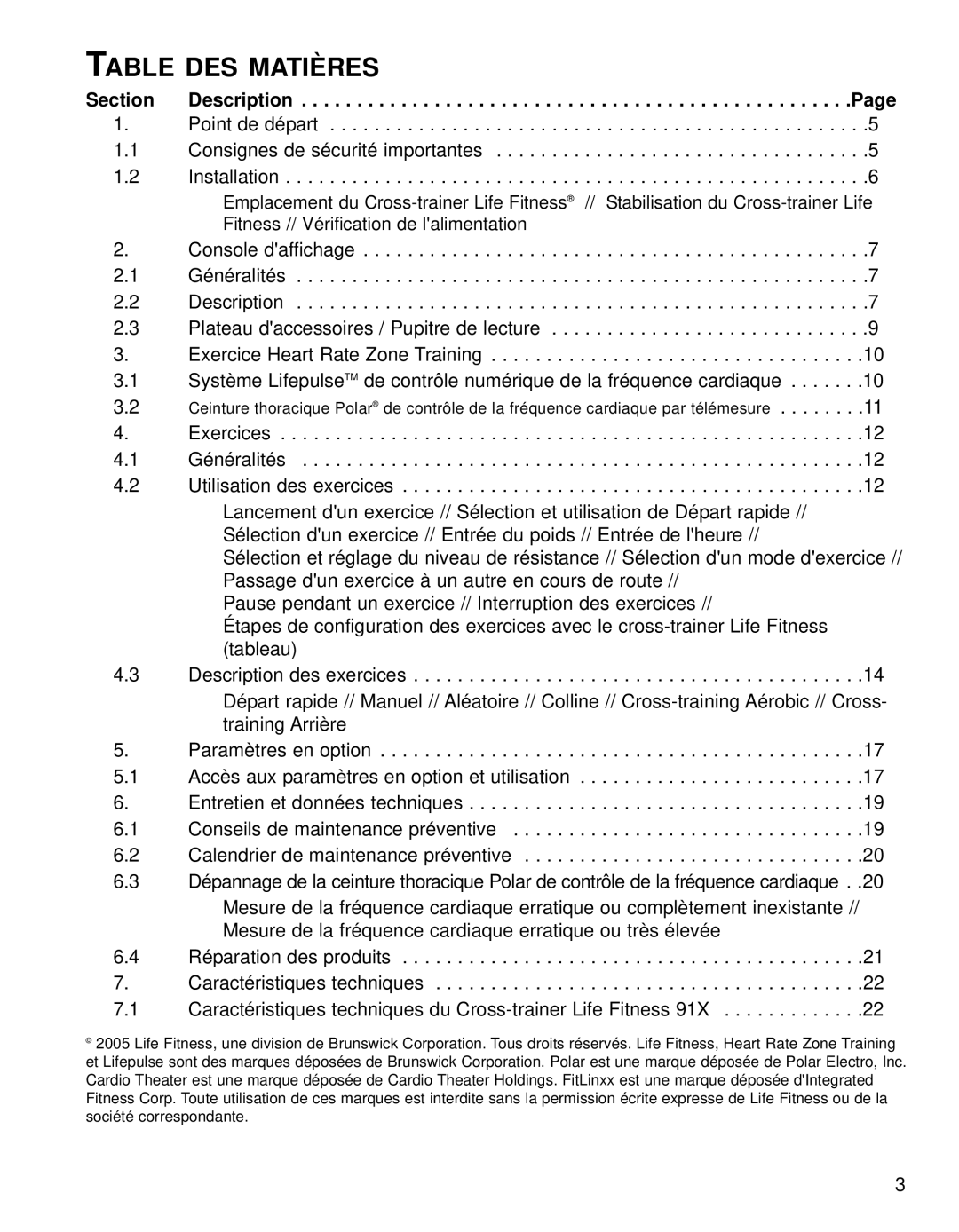 Life Fitness 91X operation manual Table DES Matières, Section 