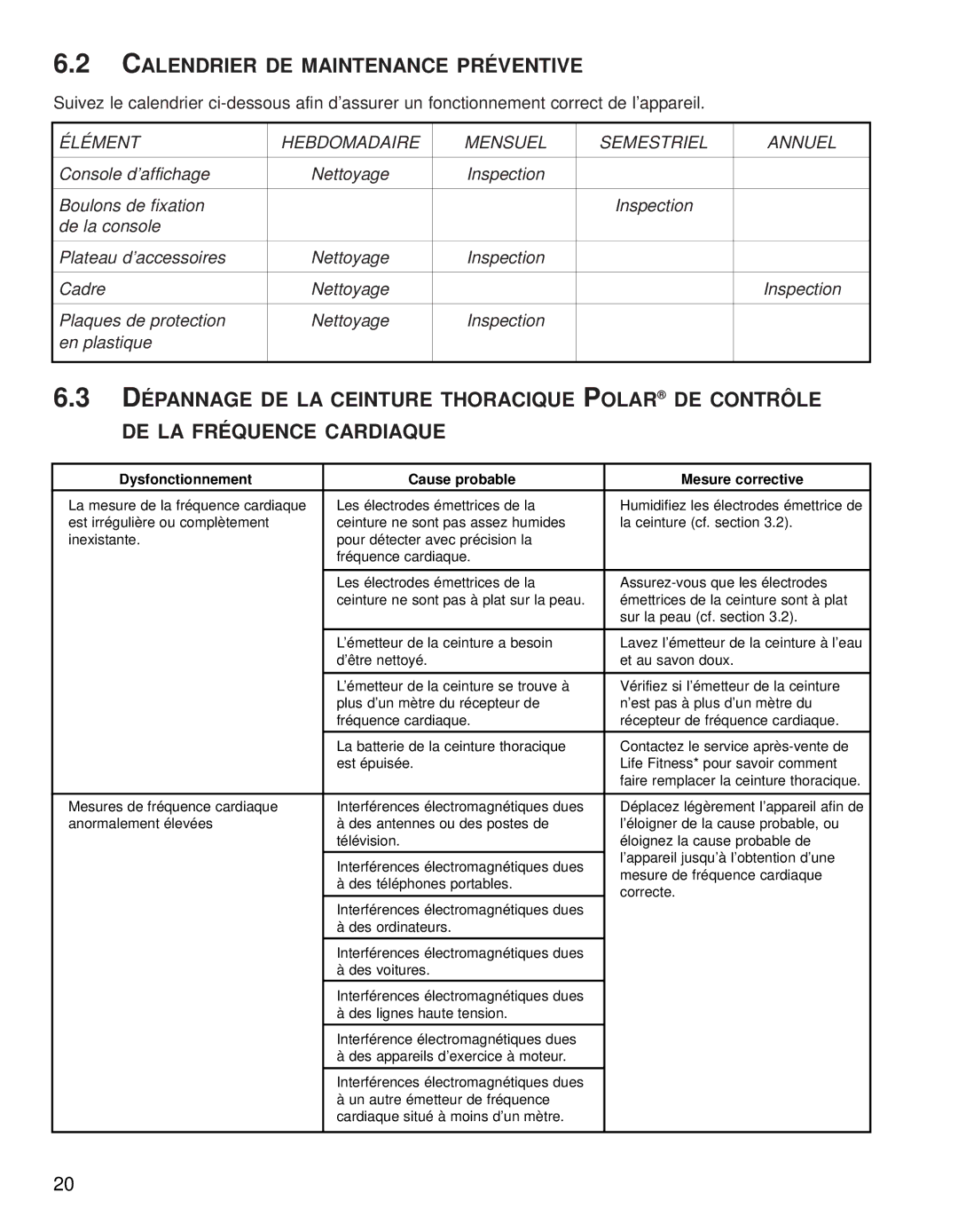 Life Fitness 91X operation manual Calendrier DE Maintenance Préventive, Élément Hebdomadaire Mensuel Semestriel Annuel 