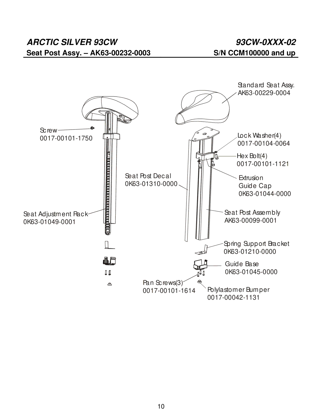 Life Fitness 93CW manual Seat Post Assy. AK63-00232-0003 