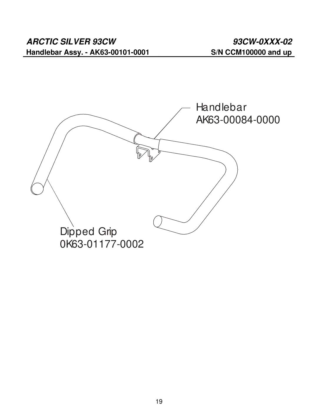 Life Fitness 93CW manual Handlebar AK63-00084-0000 Dipped Grip 0K63-01177-0002, Handlebar Assy. AK63-00101-0001 