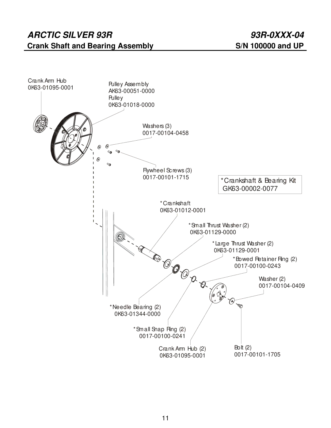 Life Fitness 93R manual Crank Shaft and Bearing Assembly, 0017-00101-1715*Crankshaft & Bearing Kit GK63-00002-0077 