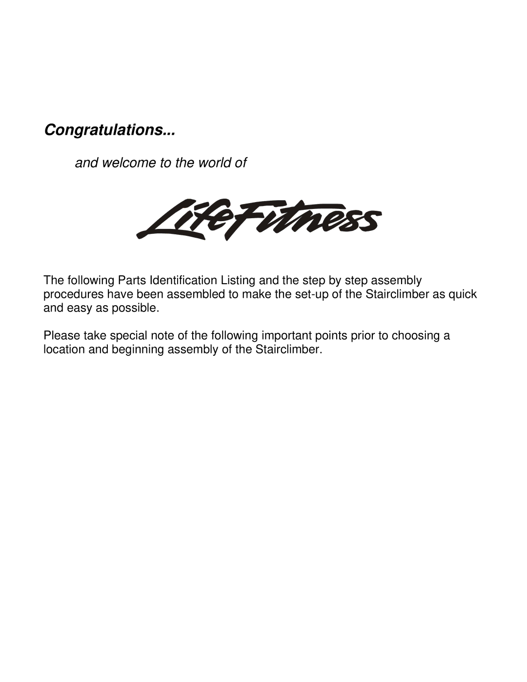 Life Fitness 93S, 90S manual Congratulations 