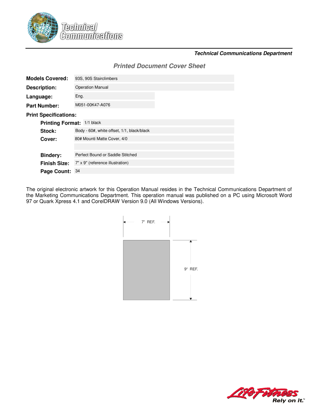 Life Fitness 90S, 93S specifications Printed Document Cover Sheet 