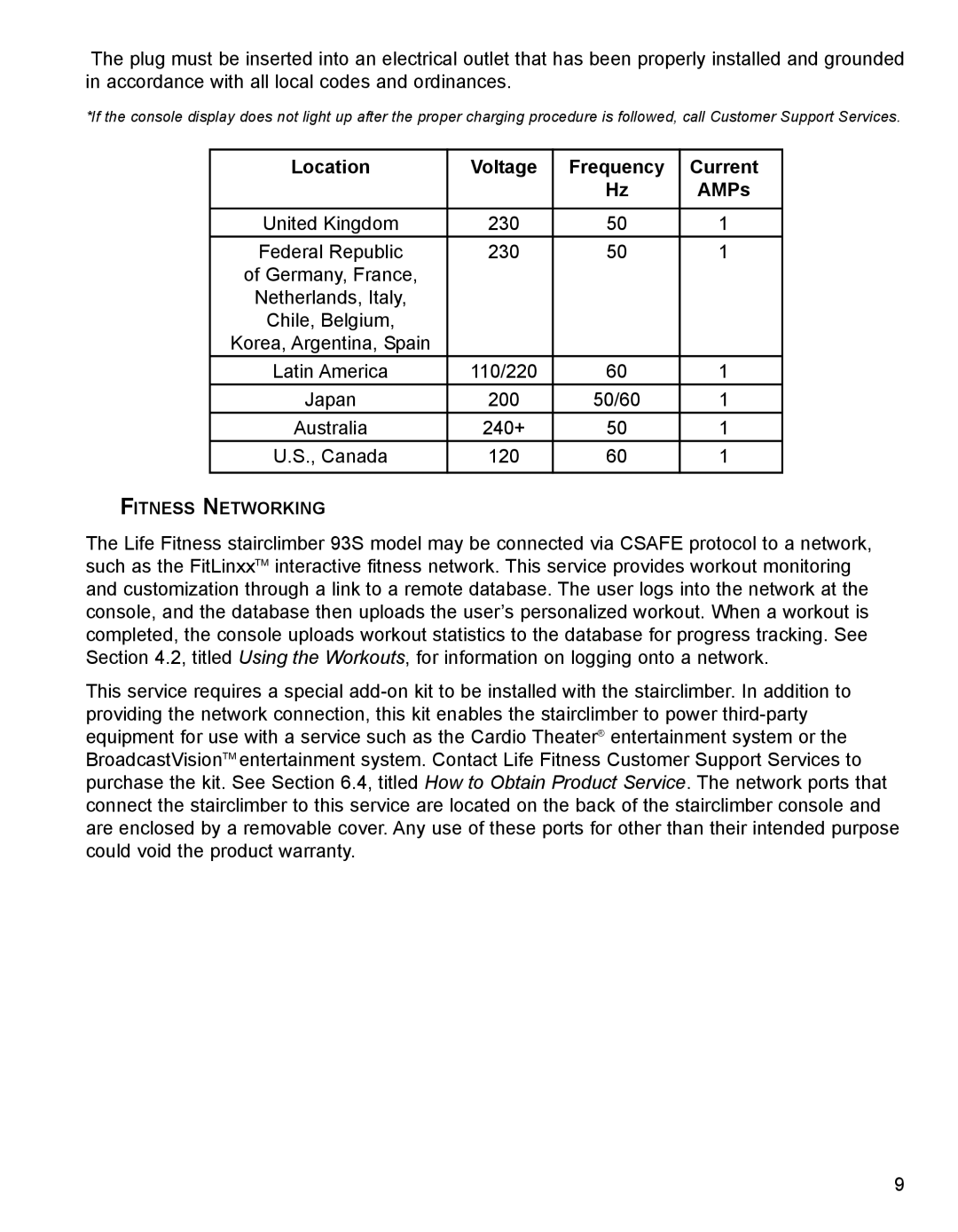 Life Fitness 90S, 93S specifications Location Voltage Frequency Current AMPs 