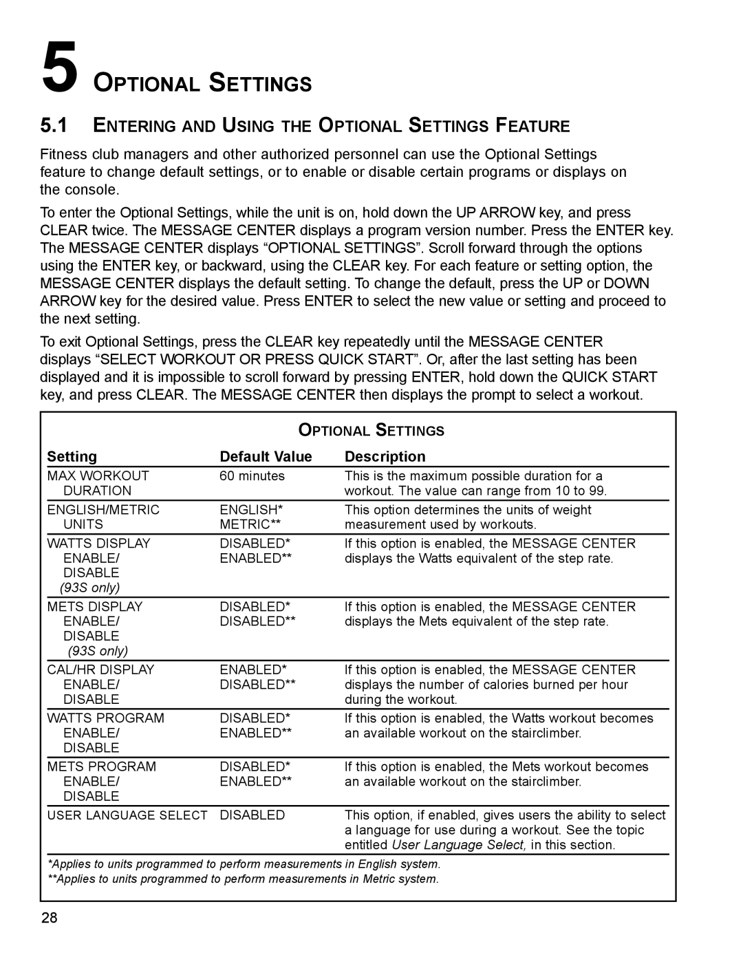 Life Fitness 93S, 90S specifications Entering and Using the Optional Settings Feature, Setting Default Value Description 