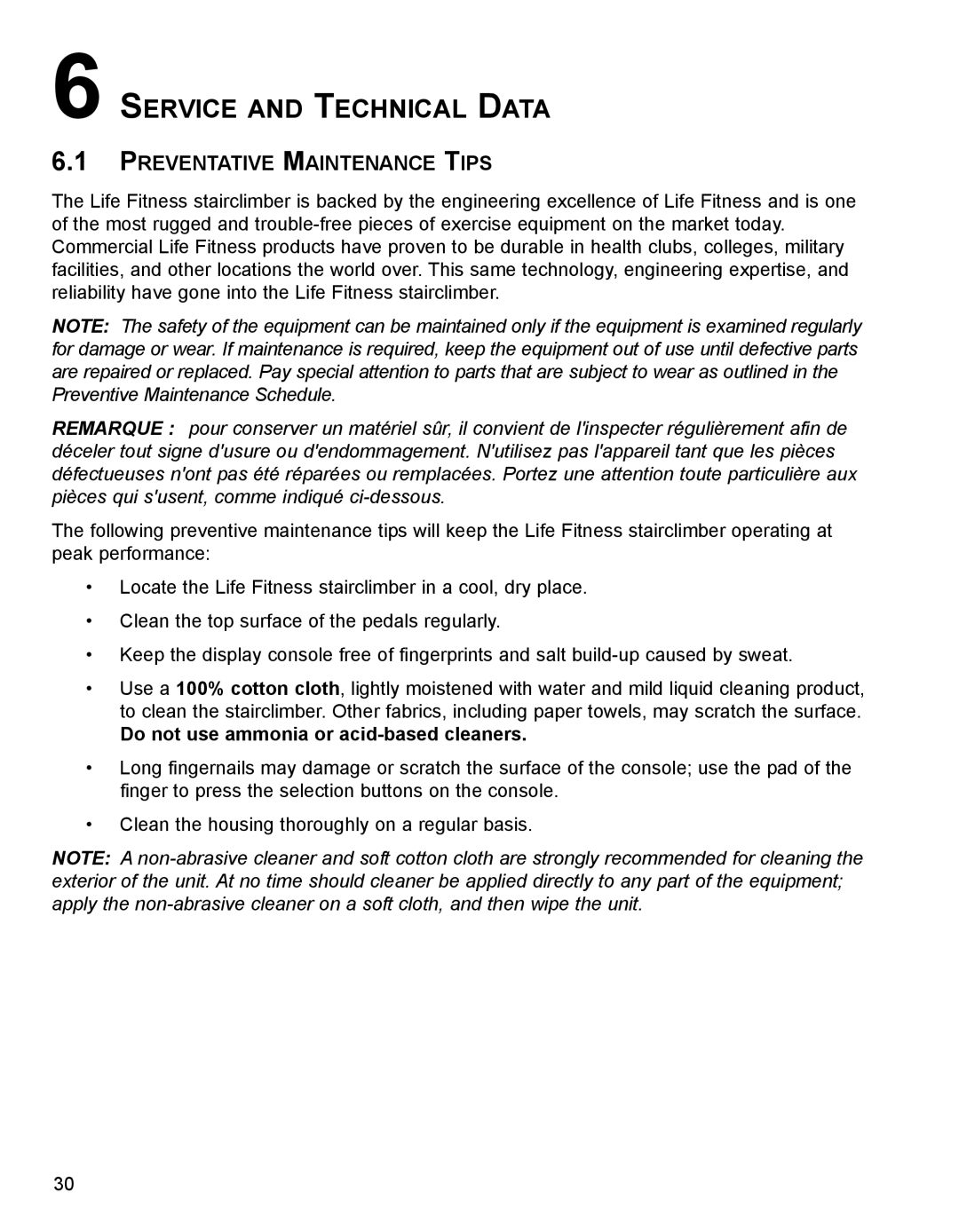 Life Fitness 93S, 90S Service and Technical Data, Preventative Maintenance Tips, Do not use ammonia or acid-based cleaners 