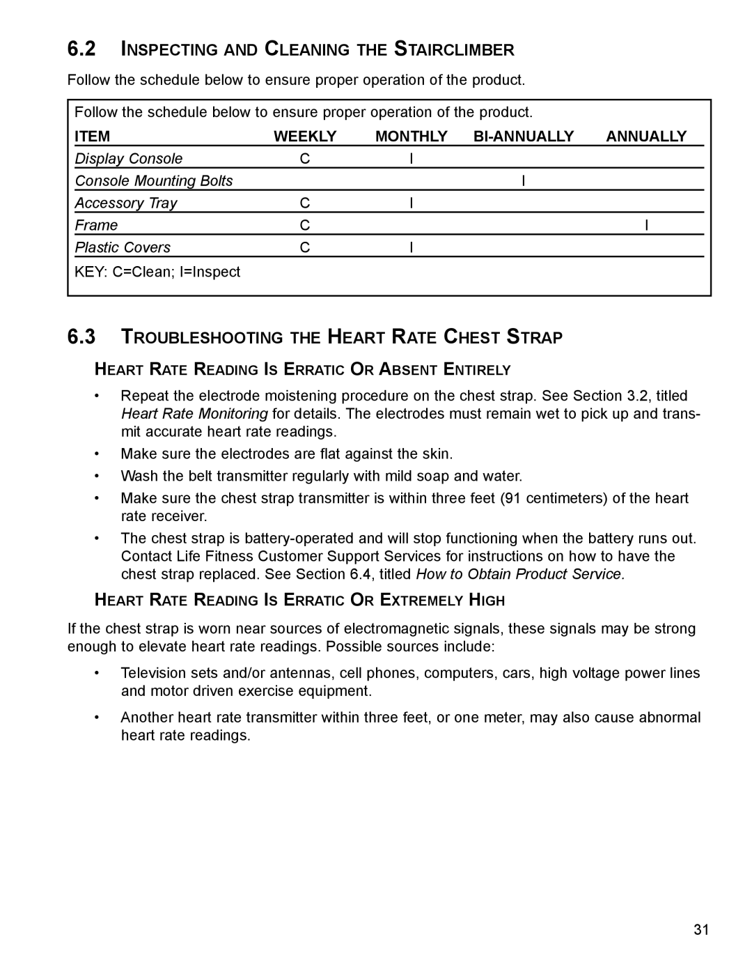 Life Fitness 90S, 93S specifications Inspecting and Cleaning the Stairclimber, Troubleshooting the Heart Rate Chest Strap 
