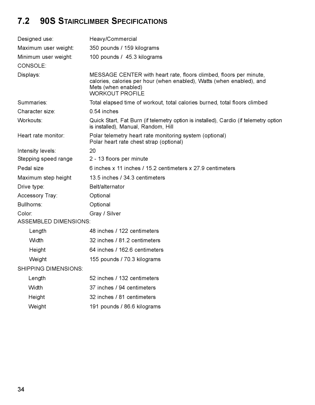 Life Fitness 93S specifications 90S Stairclimber Specifications 