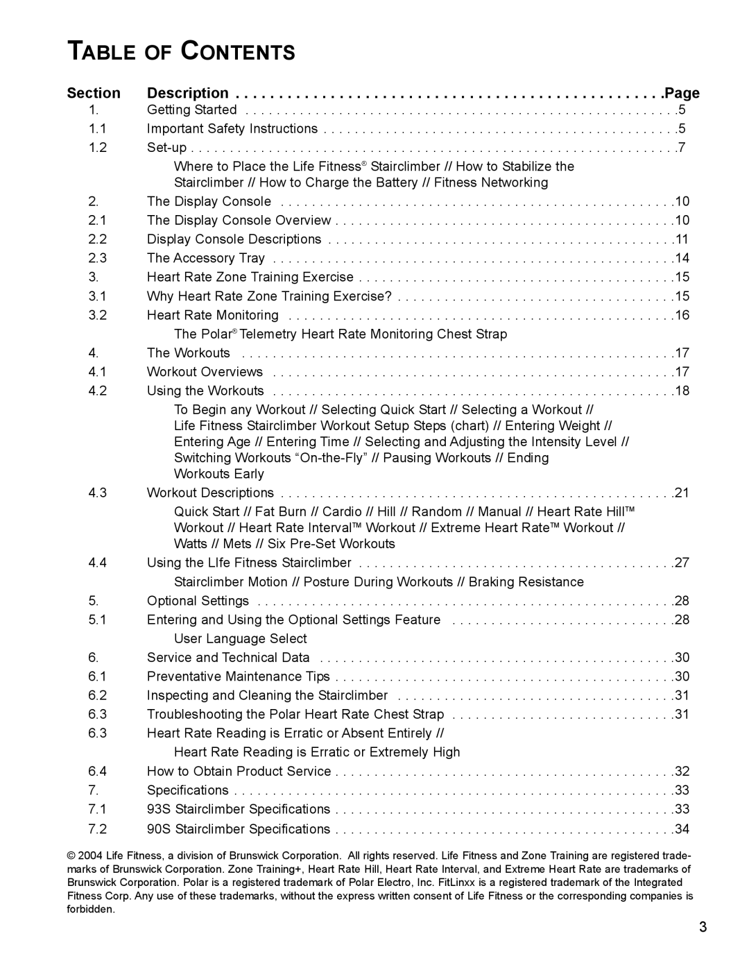 Life Fitness 90S, 93S specifications Table of Contents 