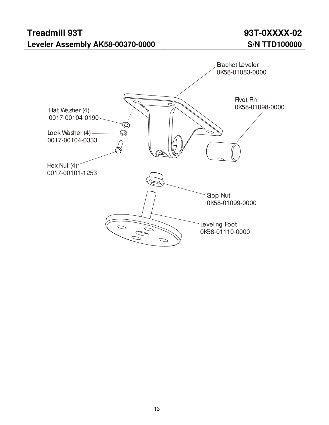 Life Fitness 93T-0XXXX-02 operation manual Leveler Assembly AK58-00370-0000 TTD100000 